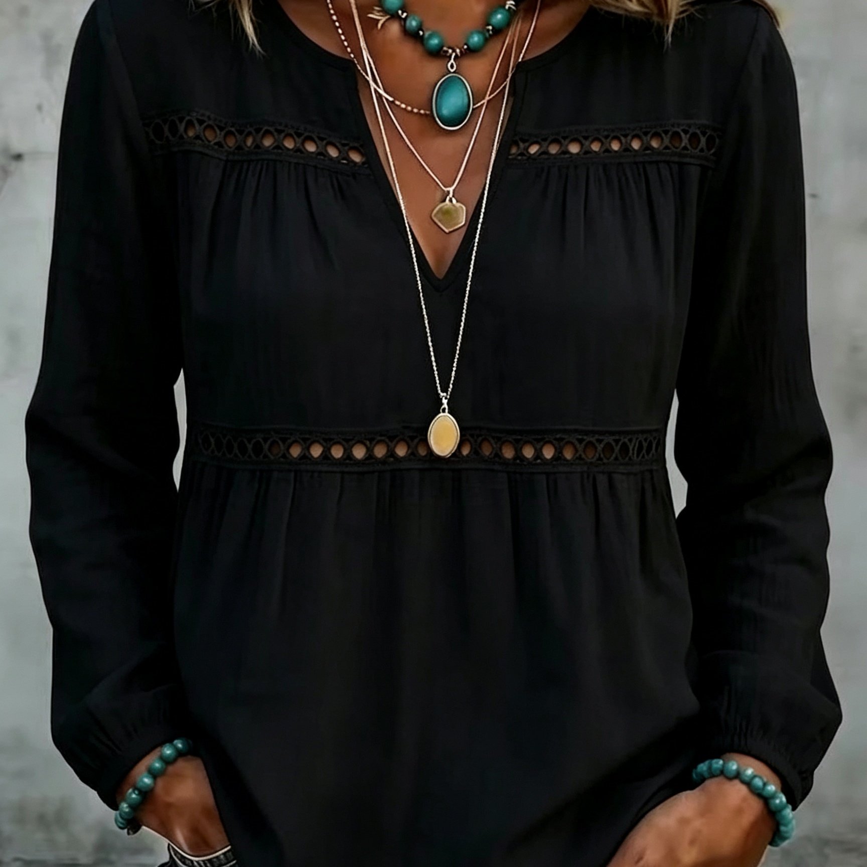 TEMU Plus Size Women's Hollow Lace V-neck Long Sleeve Ruched Puff Casual Bohemian Top, Plus Size Bohemian Hollow Cutout Decor Long Sleeve Shirt,