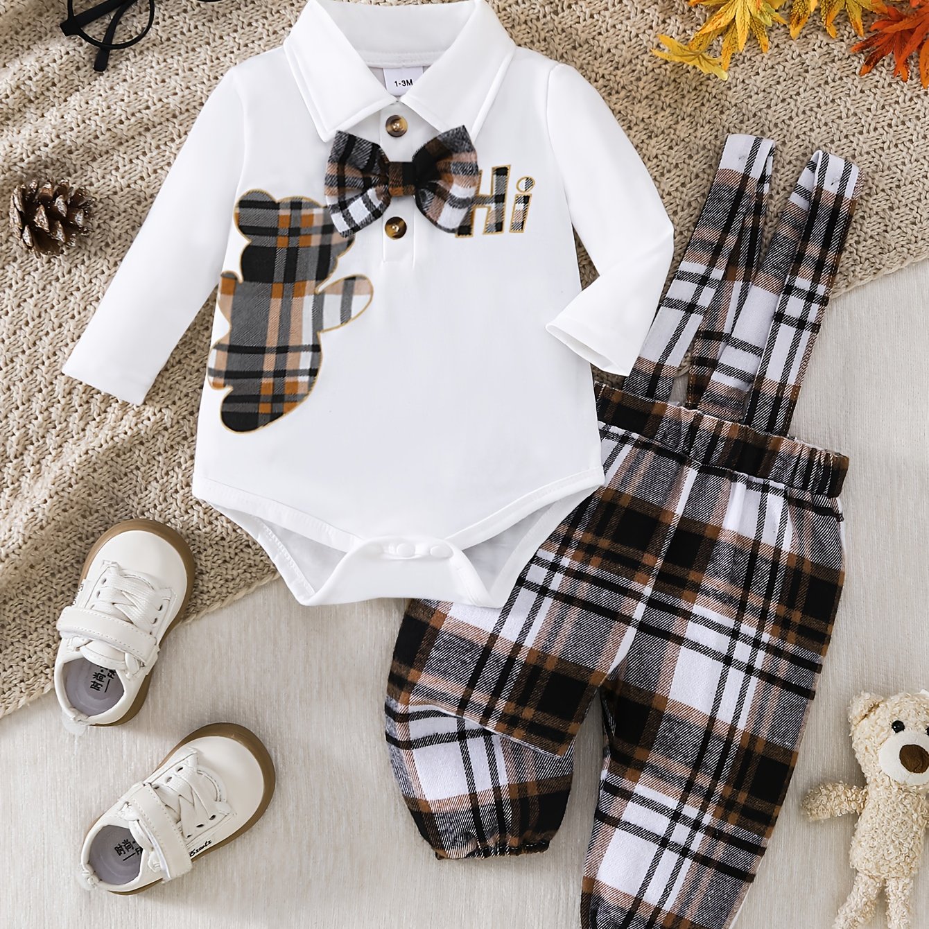 Baby Boy's Bear Print Open Collar Bow Tie Top + Adjustable Suspender Pants Set, Perfect For Outdoor