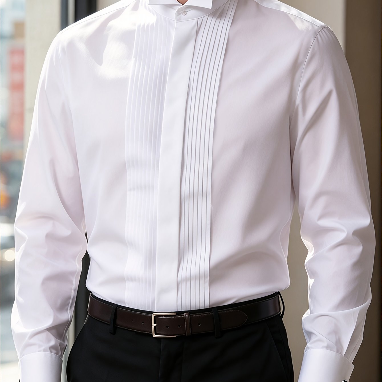 TEMU 's Lightweight Spring/autumn Formal Dress Shirt With A Wing Collar, Front , Cuffs, And A Fitted Cut. Suitable For Weddings, , Business, Parties,