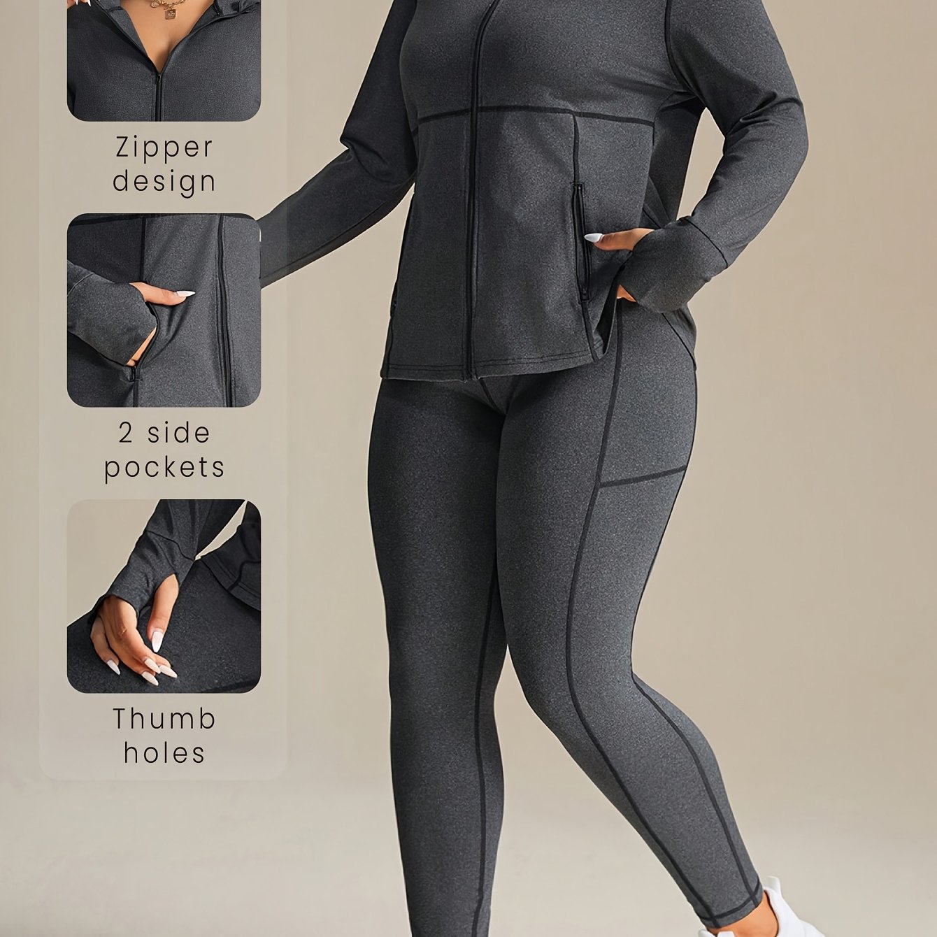 TEMU Plus Size Women's Tracksuit (jacket + Leggings) | Zipper Pockets, Stand Collar, Contrast Stitching | Casual Yoga, Fashion Streetwear, Outdoor