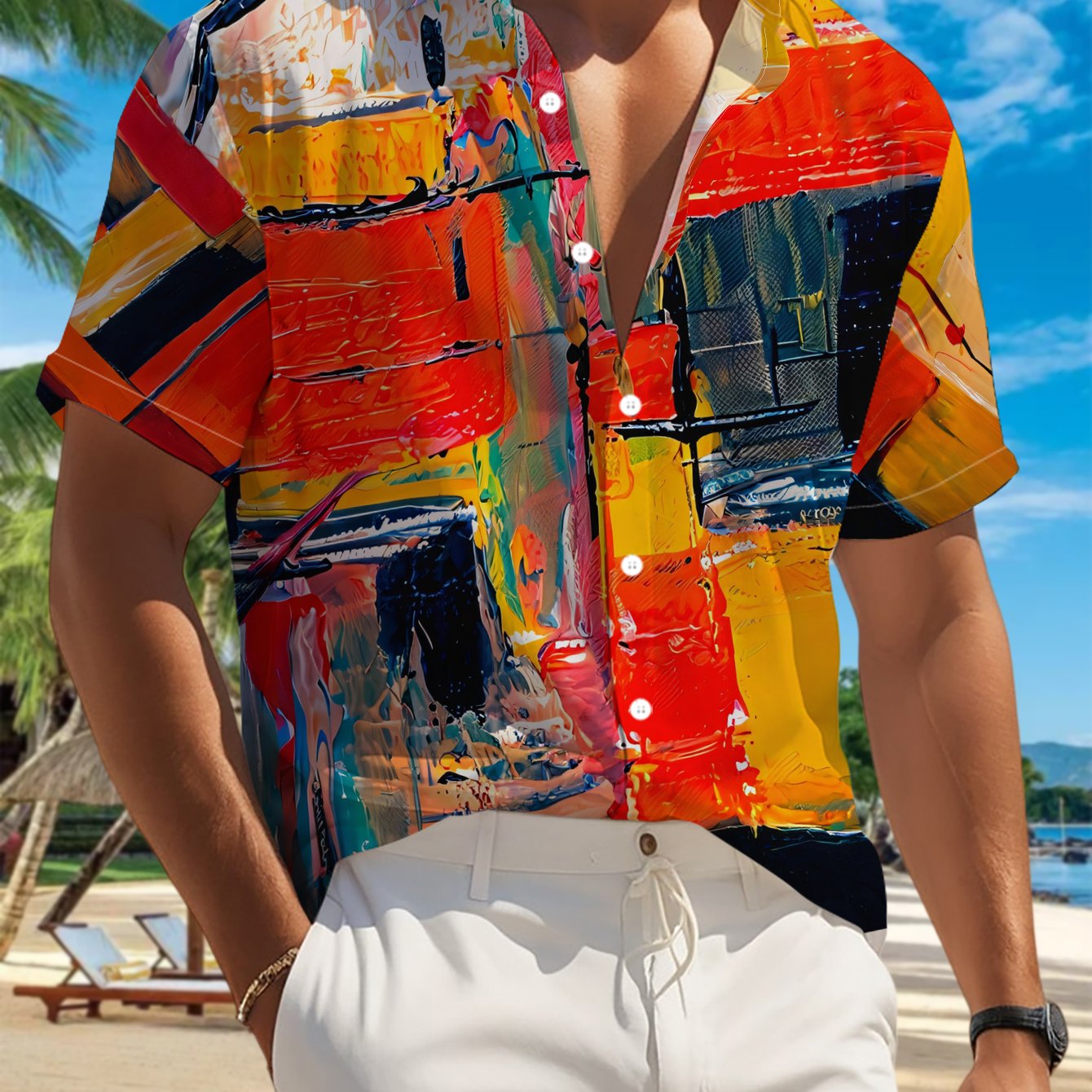TEMU 's Casual Short-sleeve Shirt With Thick-painted Color Blocks, With Vibrant Abstract Tension. Perfect For Festivals, Parties, And Commuting.