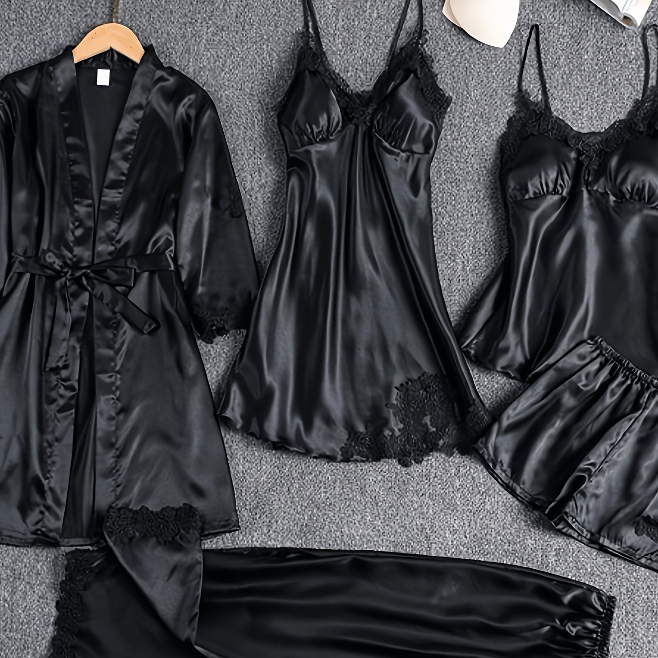 Women's 5pcs Lace Trim Ice Silky Sleepwear Set Long Sleeve Robe Pajamas For Valentine's Gift Bedroom