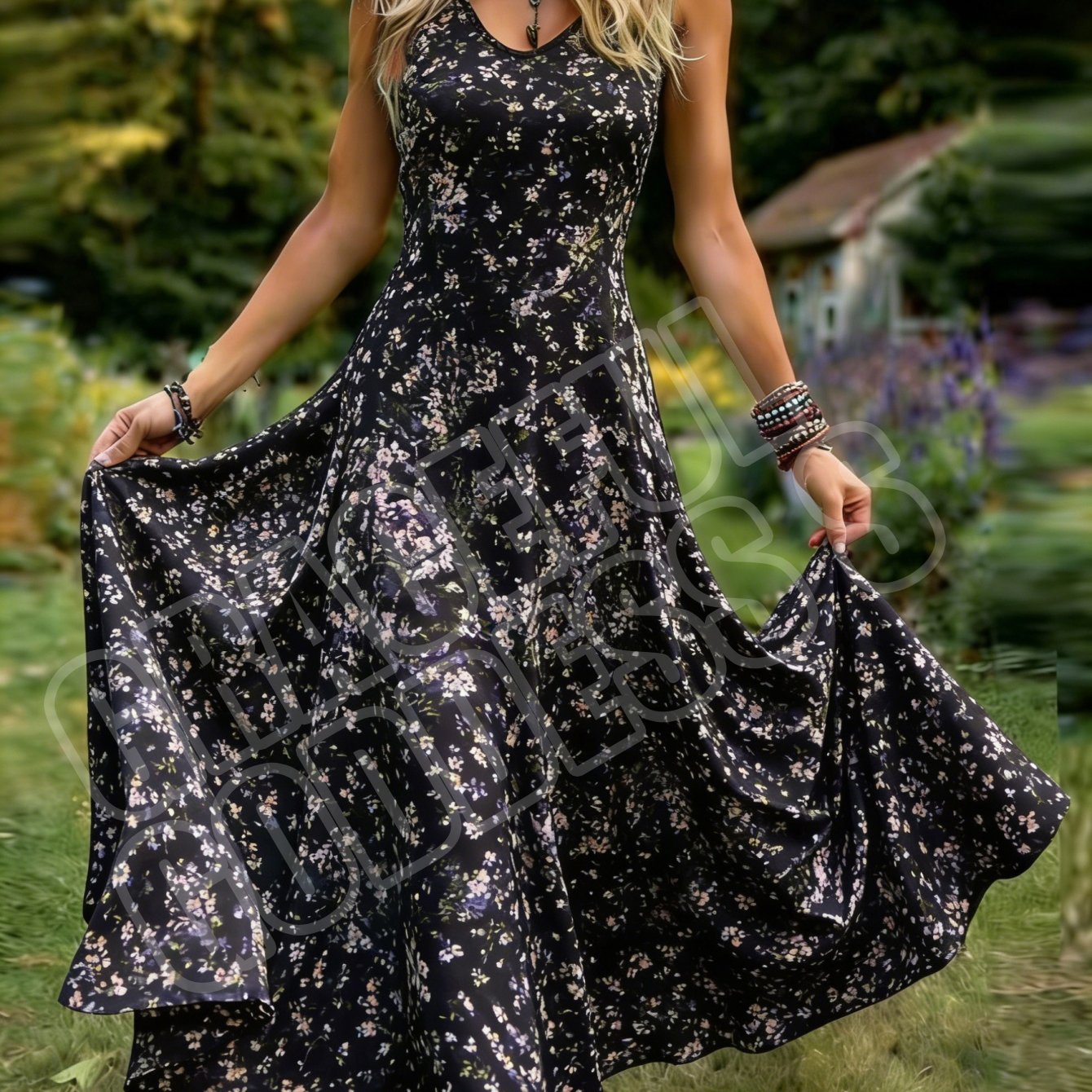 Image of Women's Sleeveless Floral Print A-line Dress, -neck Pastoral Maxi Skirt, Machine Washable, Perfect For Beach Summer Vacations