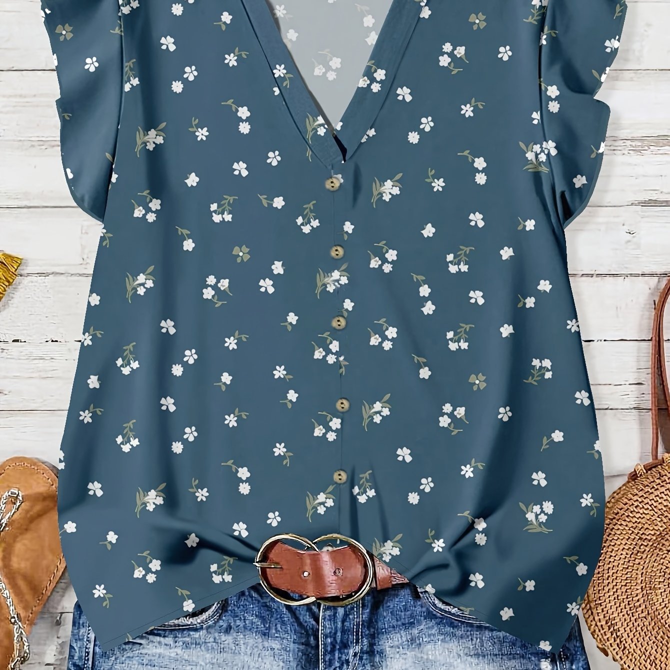 TEMU Plus Size, Plus Size Women's Shirt Top, New Summer Style With Small Floral Print, Decorative Buttons, V-neck Blouse