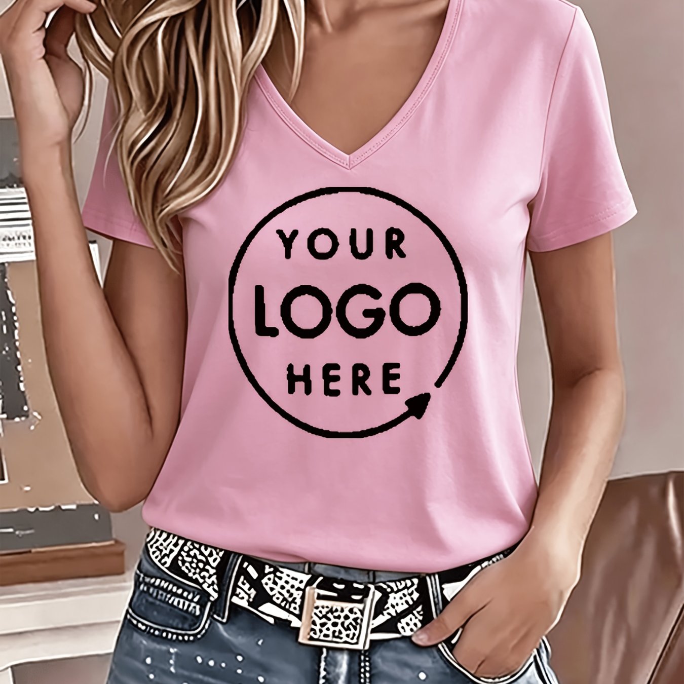 TEMU Custom V-neck T-shirt For Women, Printed Casual Fashion Versatile Custom Printed Top