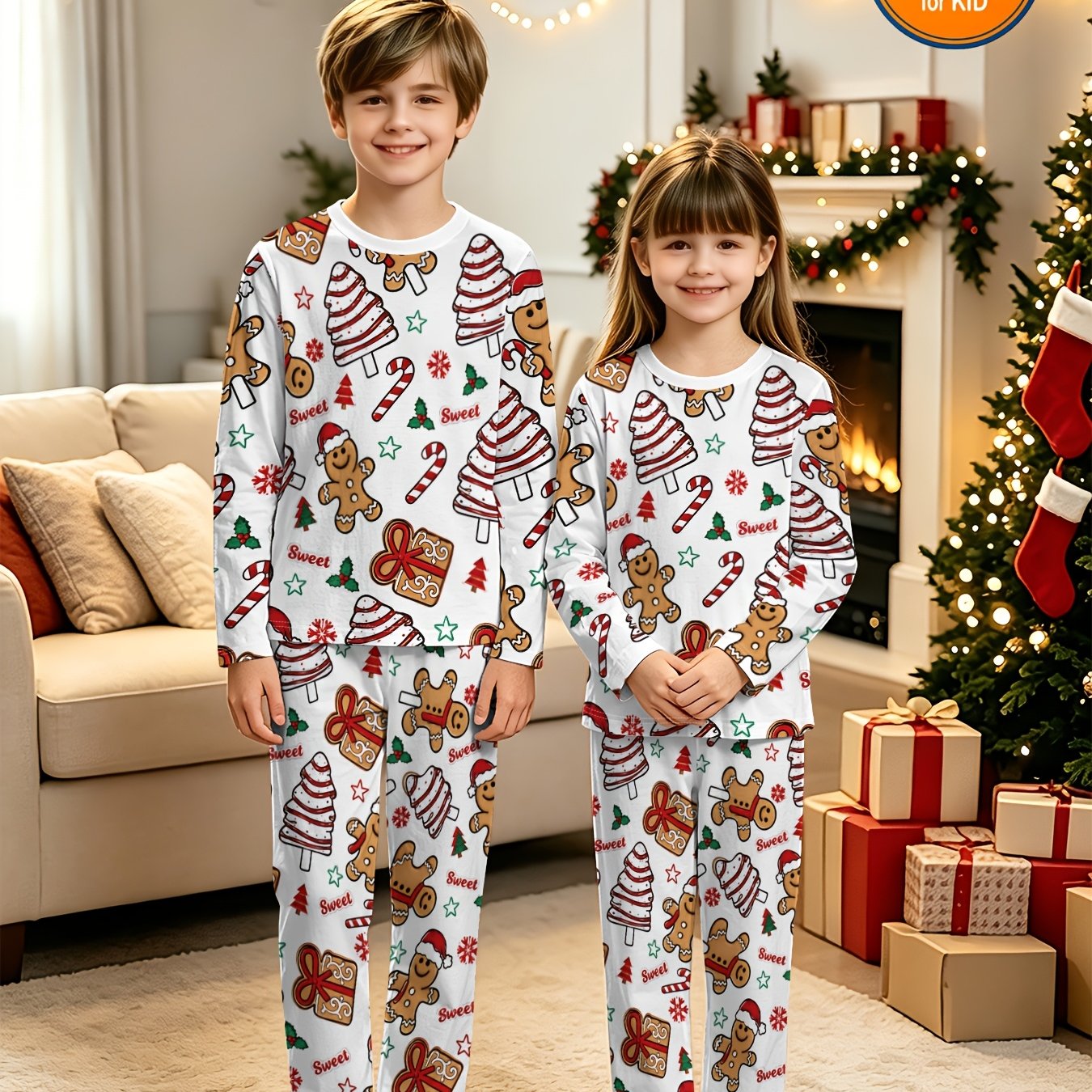 TEMU Christmas Set With Santa, Reindeer, Snow, And Snowflakes, Long-sleeve Top And Long Pants For Boys And Girls, Perfect For Fall And Winter,