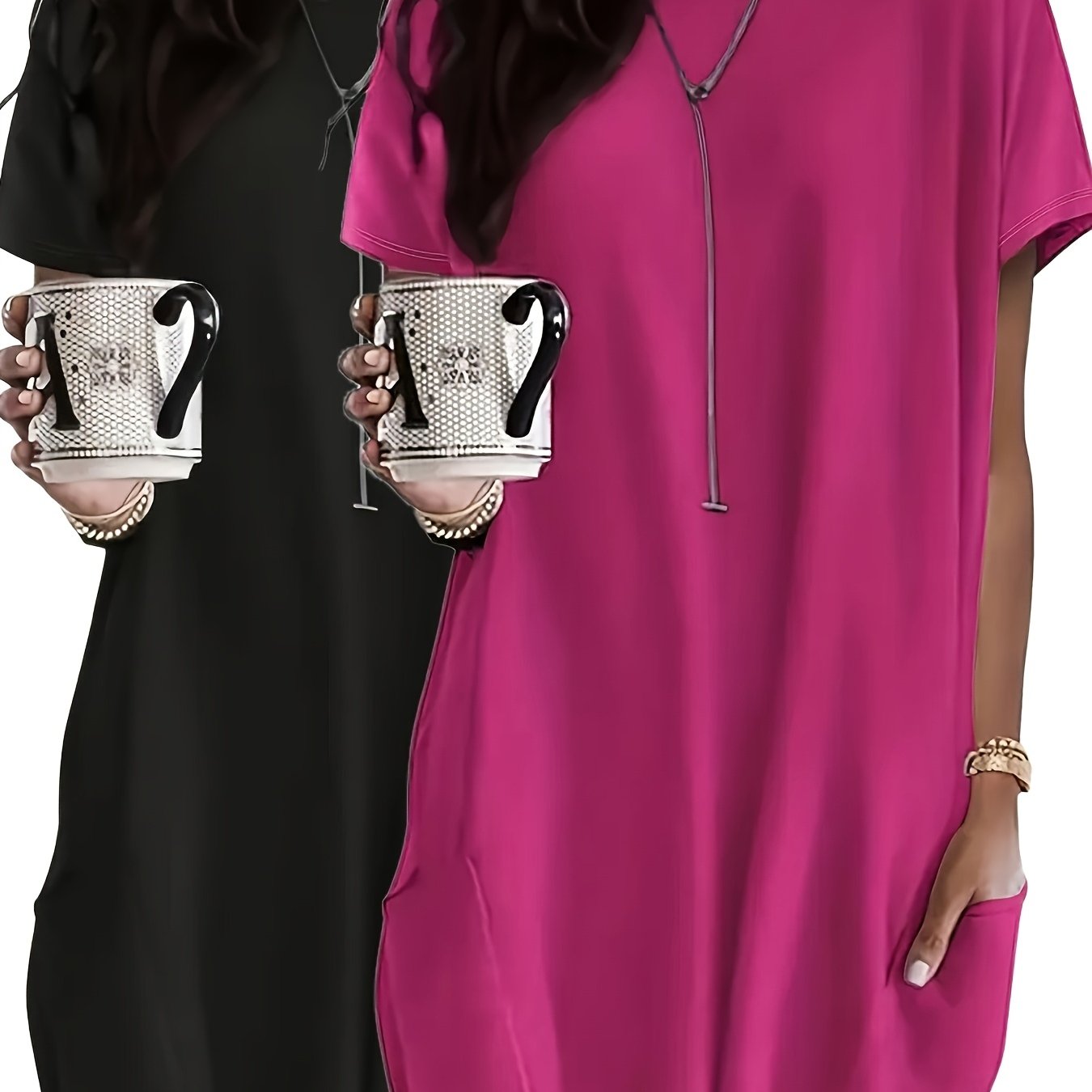 Plus Size - Plus Size - 2pcs Women's Casual Summer Top Set - Short Sleeve, Loose Fit, Pocketed Oversized T-shirts - Solid Colors - And Blend - Spring Summer Collection