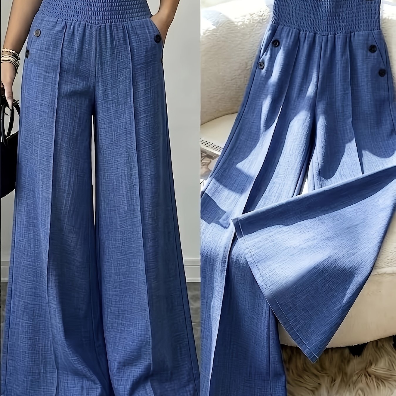 TEMU [printed Pants - Not Denim Fabric] New Women's Versatile Wide-leg Suit Pants For Commuting And Casual Wear, Featuring Elastic High Waist, Side