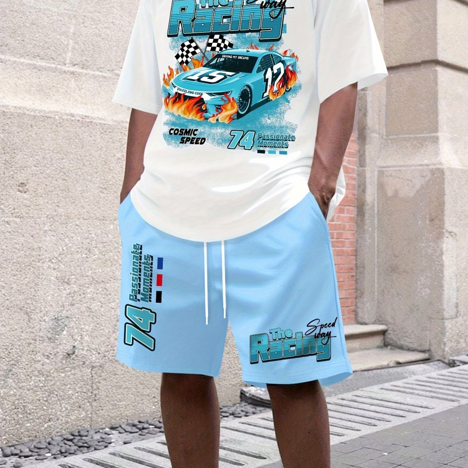 TEMU 2pcs Men's 3d Printed Summer Clothing Set, Printed Pattern, Short Sleeved Round Neck T-shirt And Elastic Waist Shorts With Pockets For Outdoor Sports And Fitness