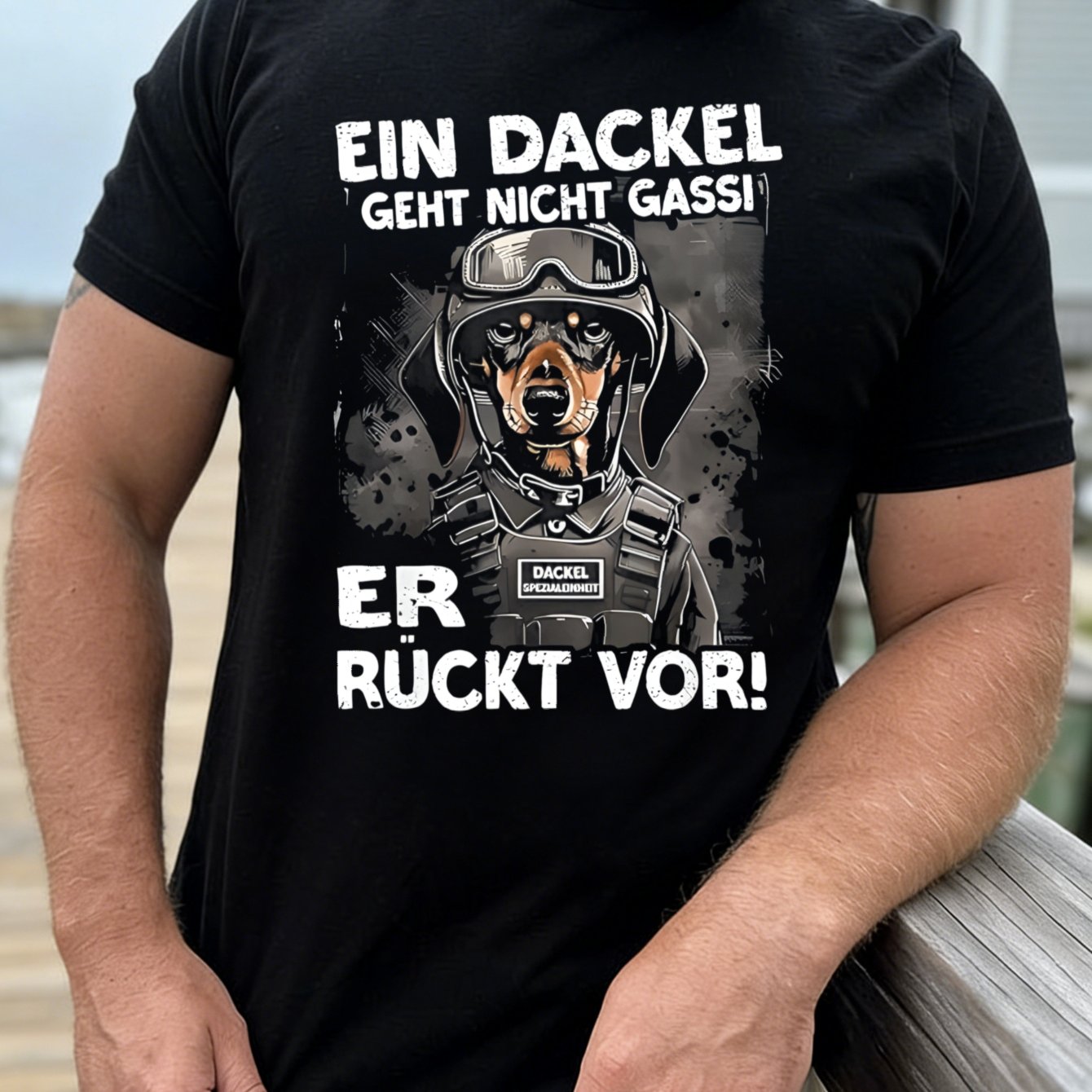 Men's T-shirt Black Dachshund Dog In With German Text Ein Dackel Geht Nicht Er Ruckt Vor For Casual Wear And Dog Lovers, Plus Size