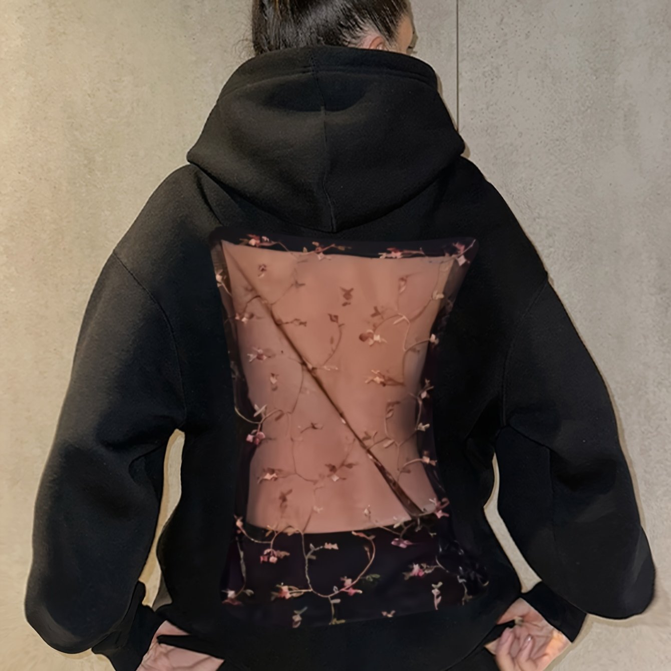 TEMU One-piece Women's Fashion Hooded Sweatshirt With Lace-style Rose Vine Pattern, Abstract Innovative Design, 2026 , European And , -lined And