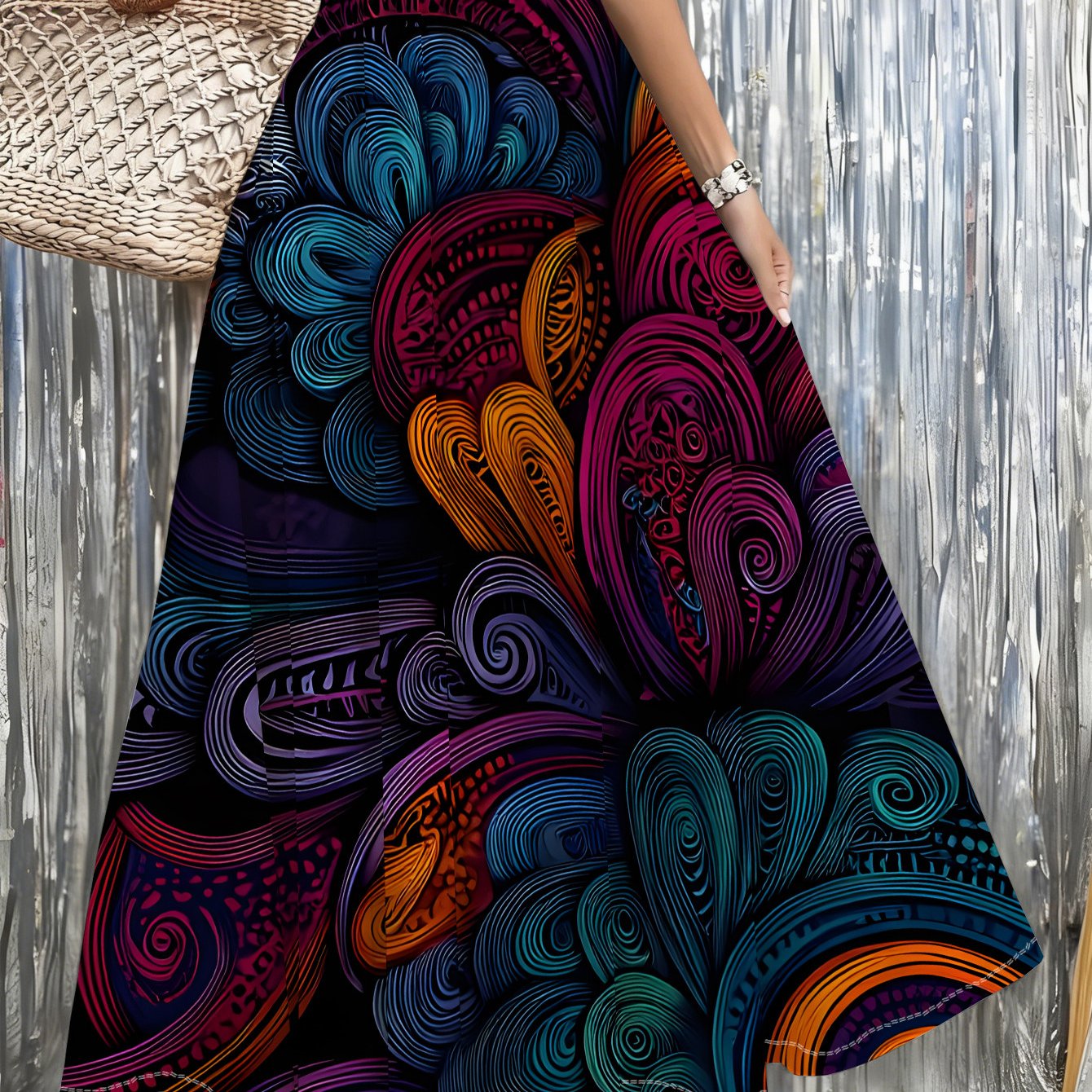 TEMU Women' Full-body Abstract Swirl Skirt With Pockets - Vibrant Multicolor Skirt Suitable For Beach, Festival, Party Outfits | Machine Washable