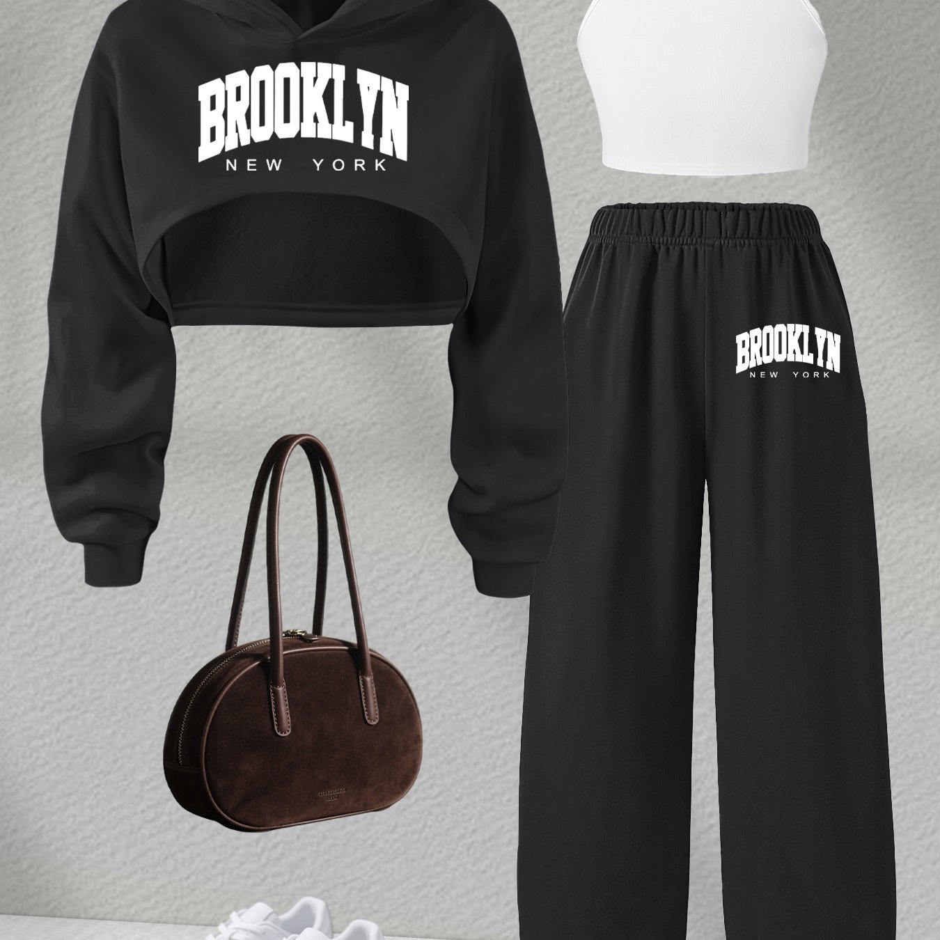 Image of Girl'-piece Fashion Set, Trendy "brooklyn " Letter Print Series: Hooded Sweatshirt Top + Camisole Tank Top + Printed Long Pants
