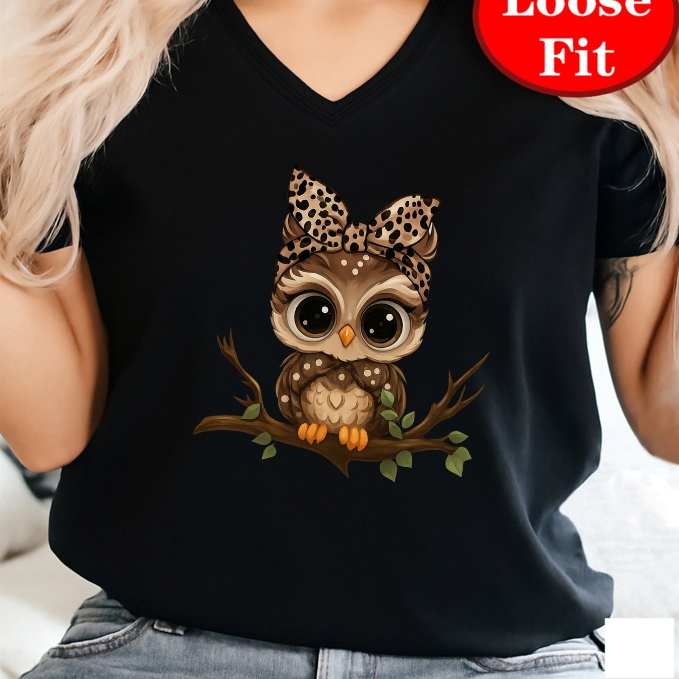 TEMU Owl, Forest-themed Print, V-neck Short-sleeve T-shirt, Casual Top For Spring And Summer, Plus-size Women's Clothing