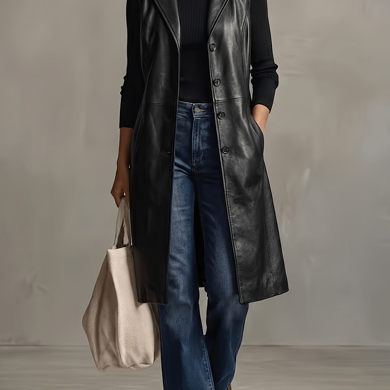 TEMU Plus Size, Women's Plus Size Elegant Temperament Pu Versatile Daily Casual Fashion-free Pocket Button Vest Mid-length Outerwear