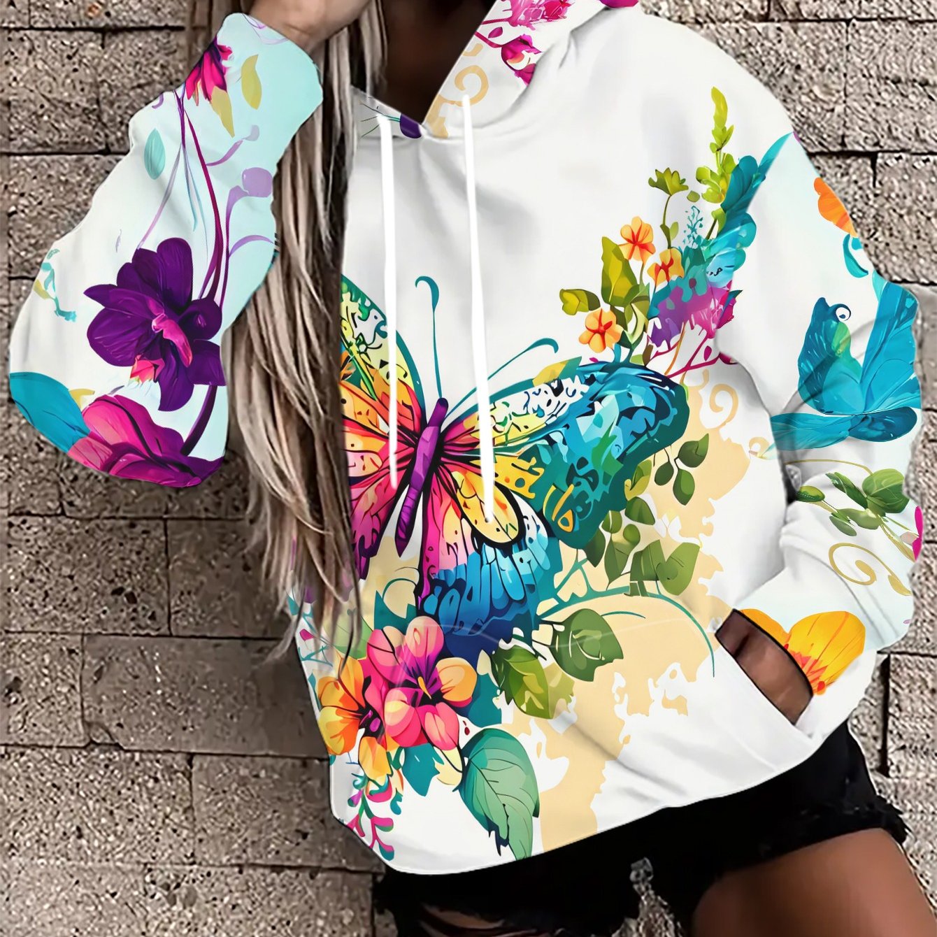 TEMU Women's Hooded Sweatshirt, Polyester Fabric With Colorful And Floral Print, Drawstring, Long Sleeves, Loose Fit, Casual And Versatile, /autumn