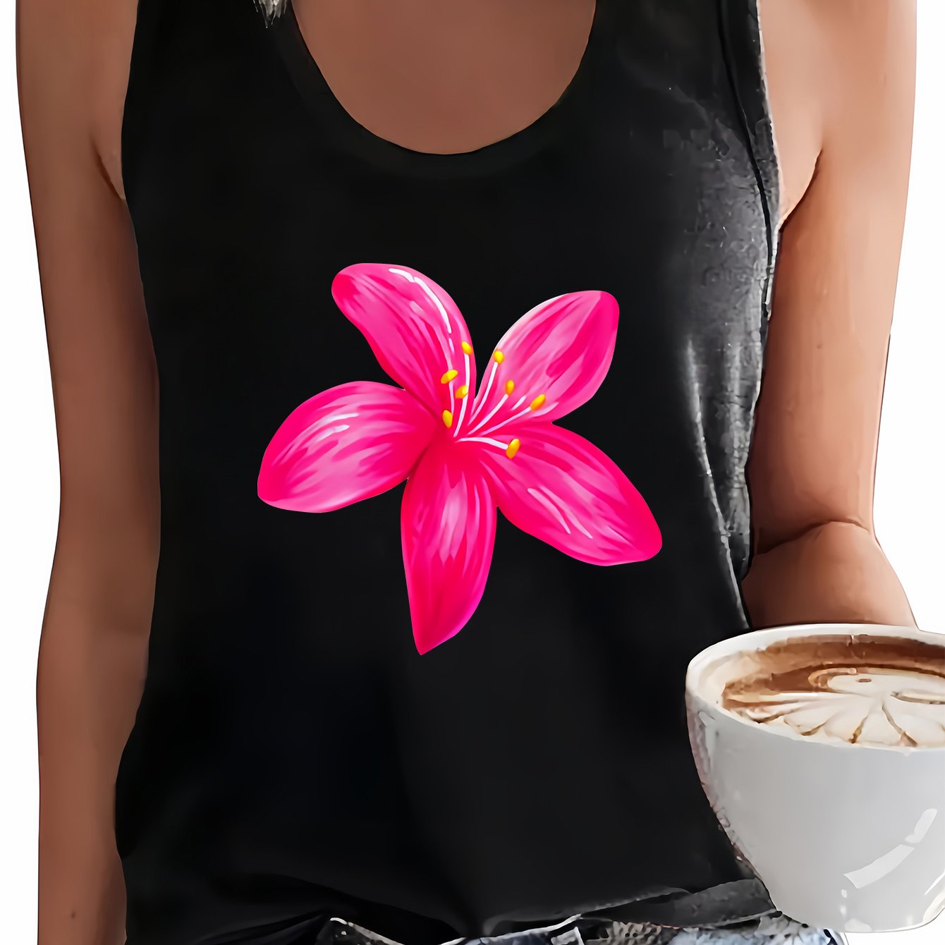 TEMU Plus Size, Women's Plus-size Sleeveless Round-neck Tank Top - Bright Rose- Print Blouse-compatible Vest | Stretchy Sleeveless Shirt Suitable For