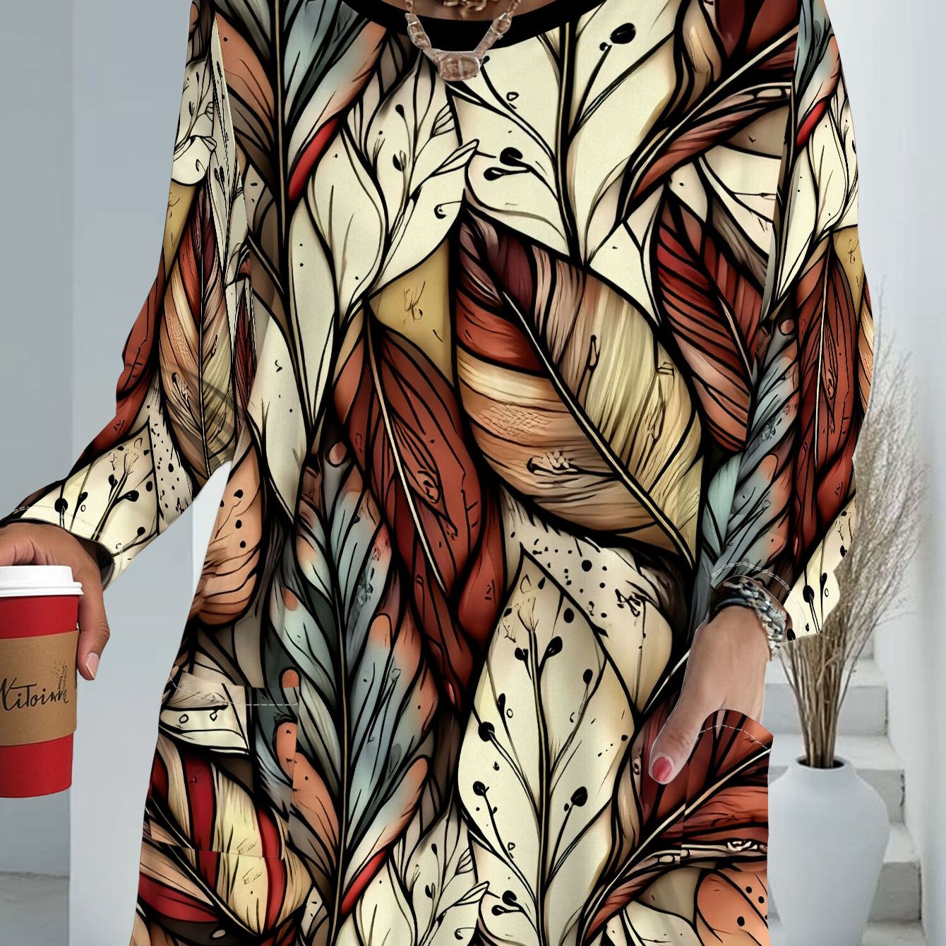 TEMU Women's Plus Size Pocketed Autumn Vintage Leaf Print Loose Long Sleeve Top, Women's Fashion Versatile Cover-up Jacket