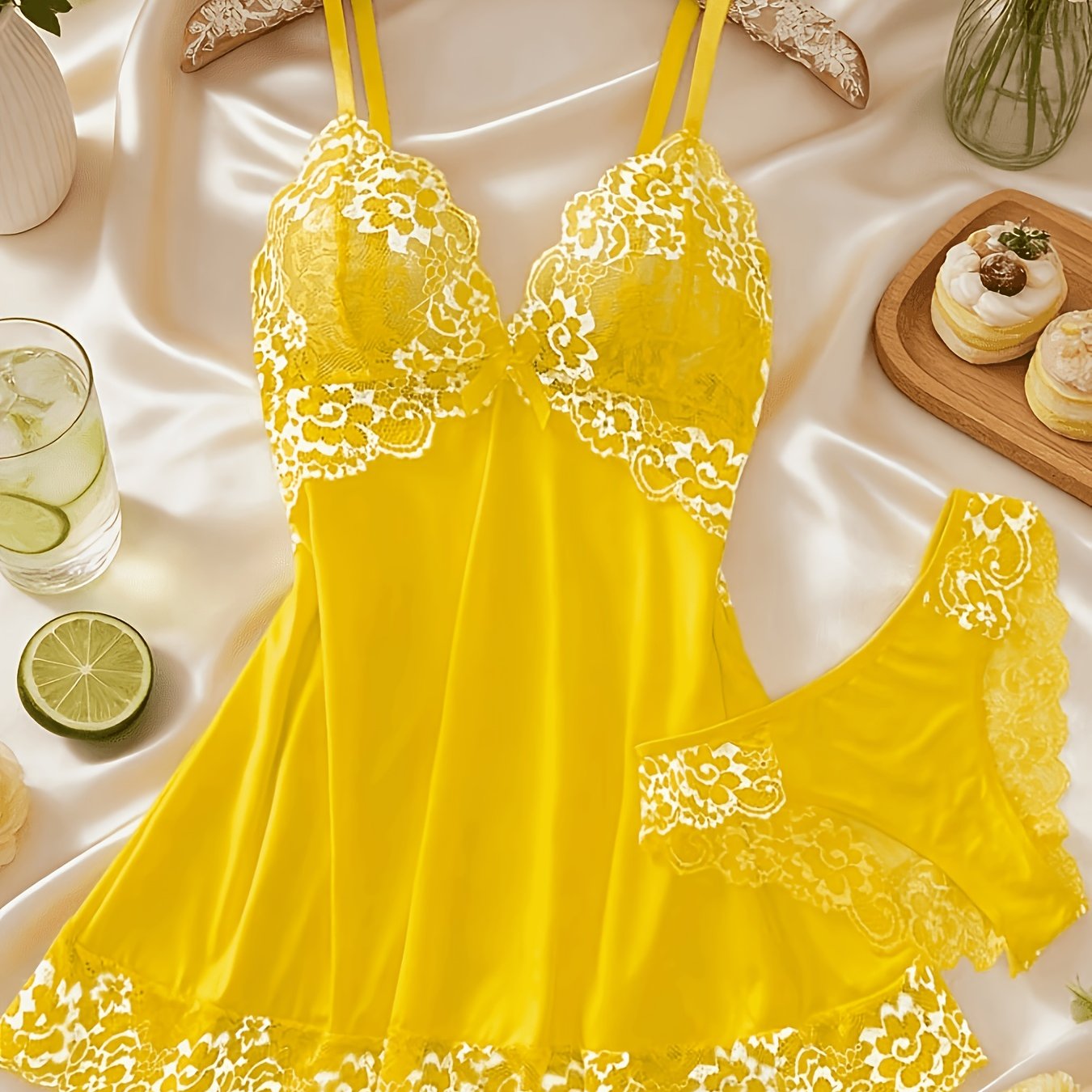 TEMU French Lace Nightgown, Contrast Eyelash Lace Loose ' Date Home 2pcs Set