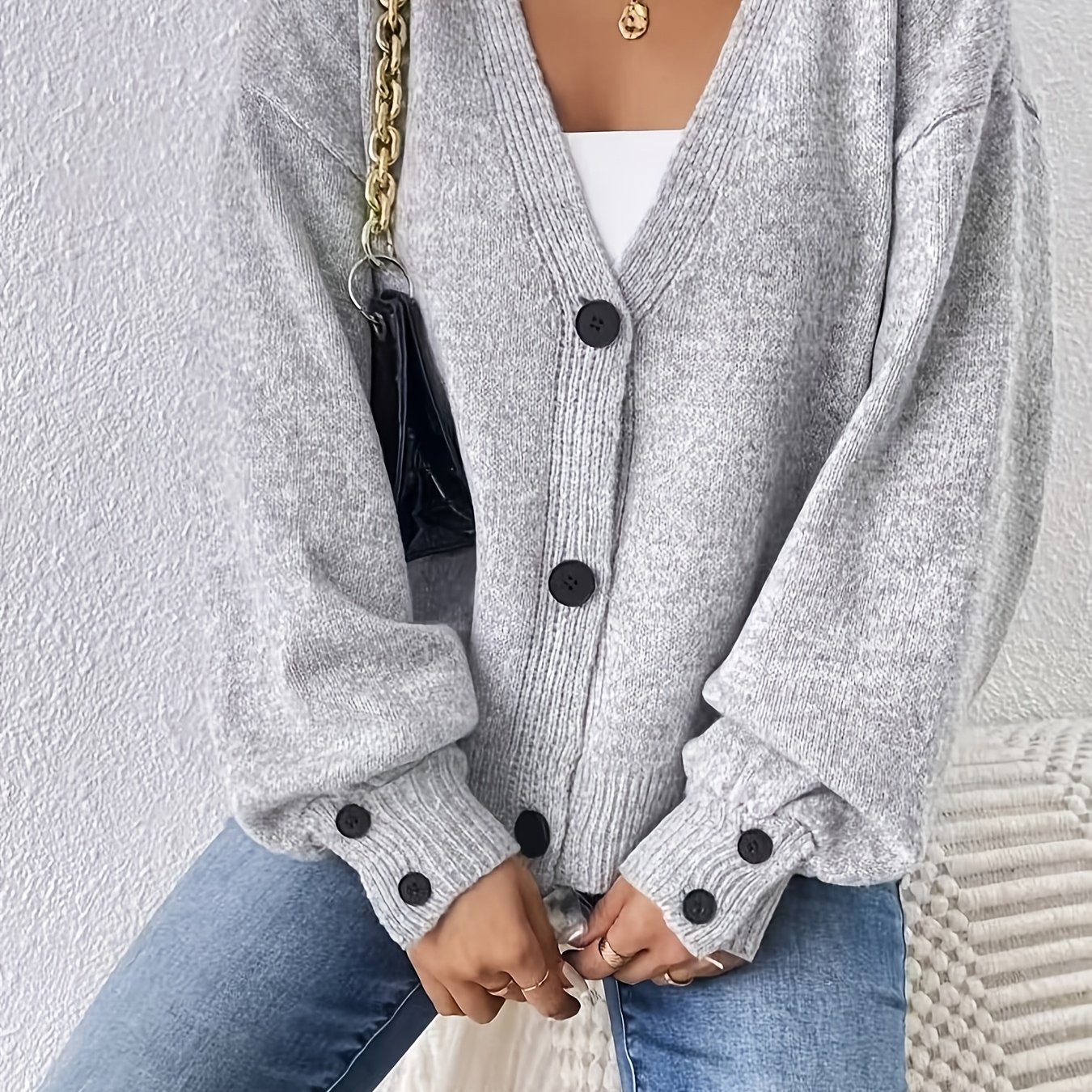 Image of 2026 Latest High-quality Fashion Women's Loose Long-sleeved Low-shoulder Cardigan Solid Color Suitable For Spring, Autumn, And Winter Gray Sweater Women's Cardigan