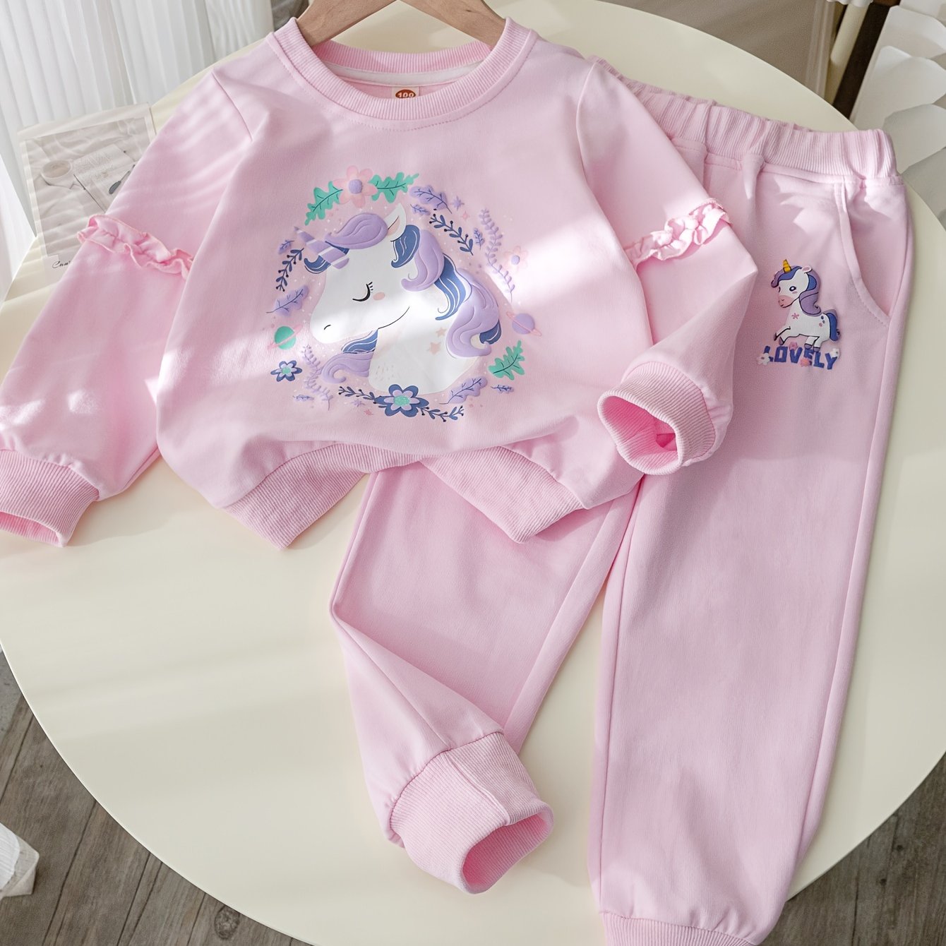 Image of Girls' New Style Clothing, Cute Unicorn Floral Mirror 3d Print, Comfortable Breathable Long Sleeve Sweatshirt And Pants 2pcs Set, For Outdoor