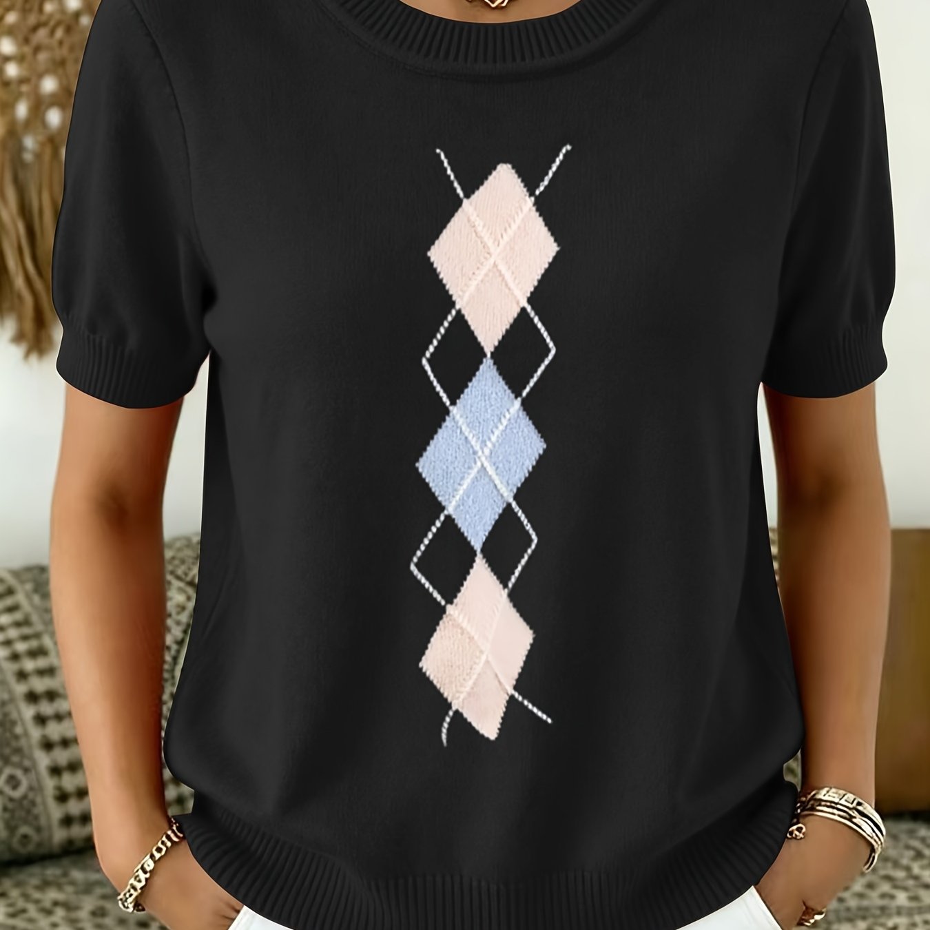 TEMU European And Textured Fabric Light Top, Round Neck Short Sleeve Sweater. Printed Design â Not Textured. Soft, Skin-friendly, Slightly Stretchy,