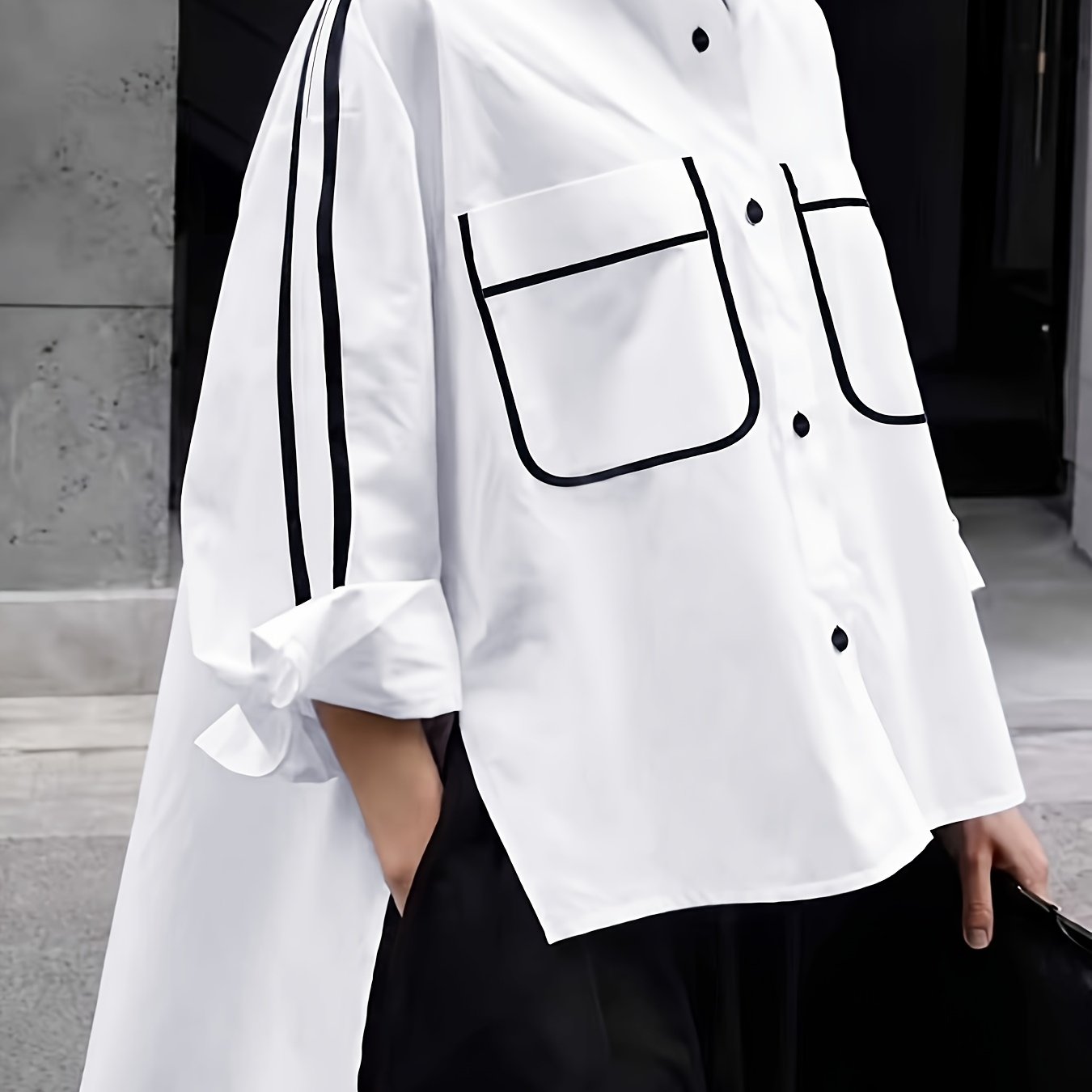 TEMU Chemise Femme Grande Personne Coupe Épaules Tombantes Manches 3/4 Couleur Unie Poche Large Contrastées de Couleurs Design Ourlet Irrégulier Haut