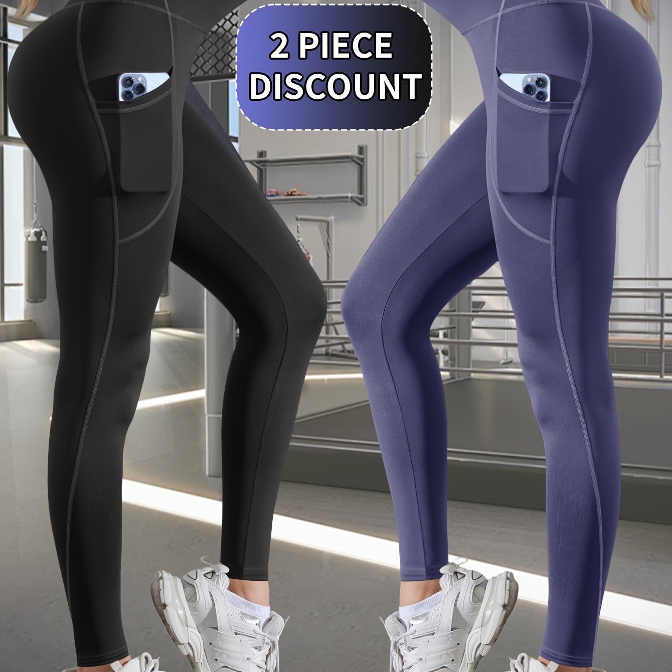 E-shop 2er-Set Damen High-Waist Yoga-Leggings - Po-Lifting & Bauchkontrolle, Atmungsaktives Stretch-Gewebe, Einfarbige Workout-Hosen mit Seitentaschen