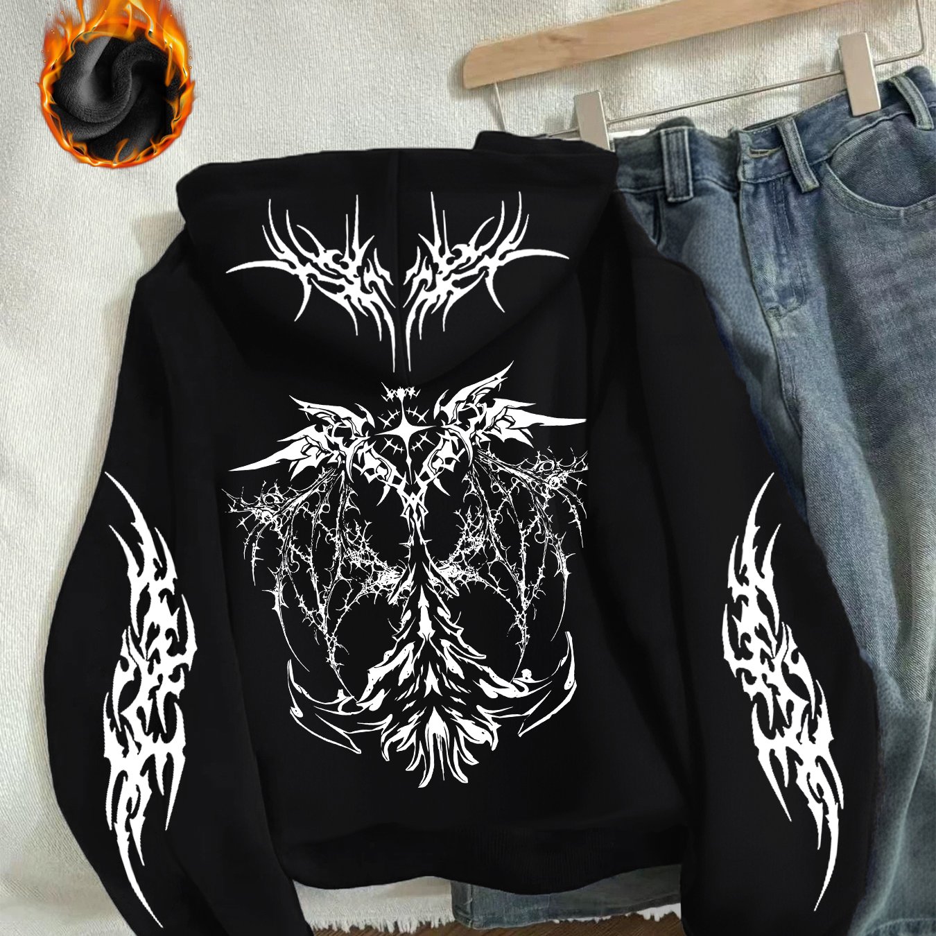 TEMU Winter Y2k Printed Trendy New Thick Heavy-duty -lined Black Hoodie Zip-up Jacket, Black Cardigan Casual Loose Commuter Style Y2k Gothic Fashion