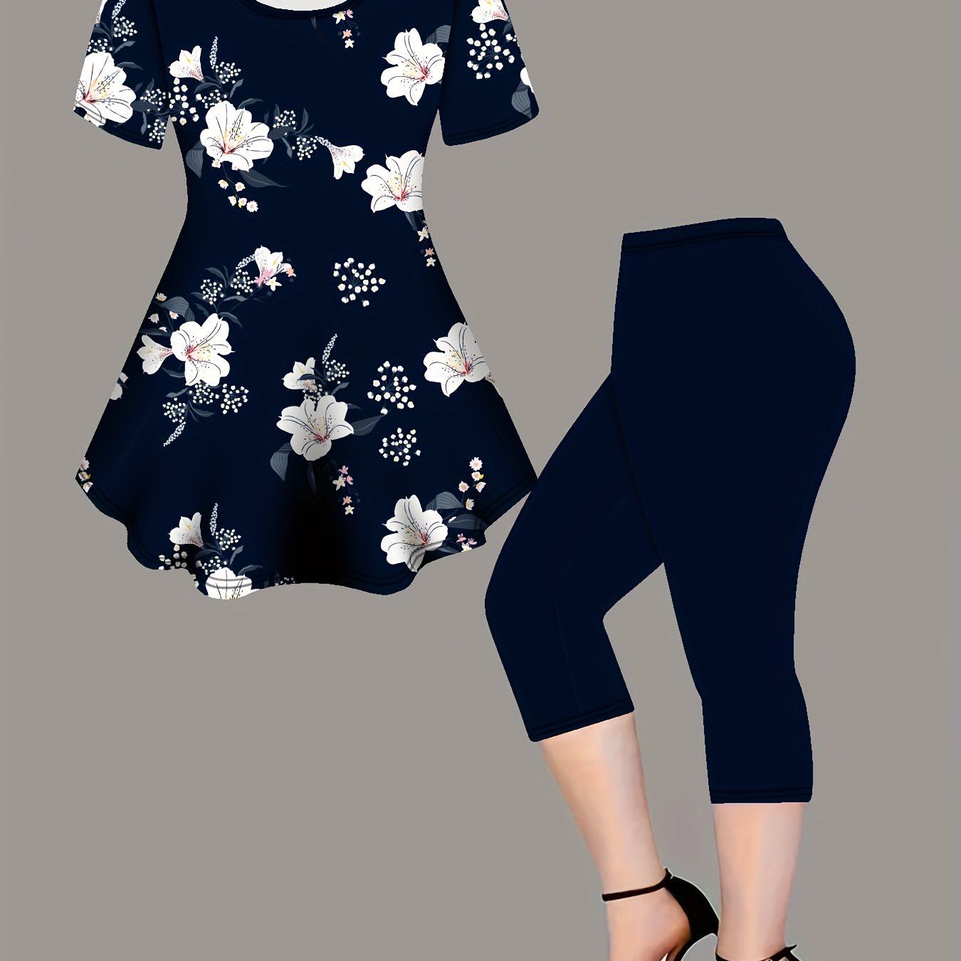 E-shop Casual Zweiteiliges Set mit Blumenmuster, Kurzarm-Rundhals-T-Shirt und Slim-Fit 7/8-Hosen-Outfit für Damen