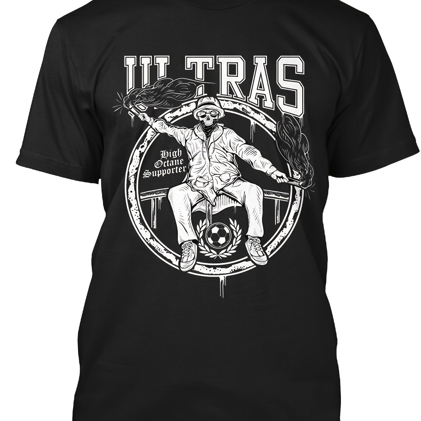 TEMU Men's Ultras Pattern T-shirt - Thick, Crew Neck Football Shirt With Ultras Print - Black And - Non-stretch Fabric, Suitable For Game Days,