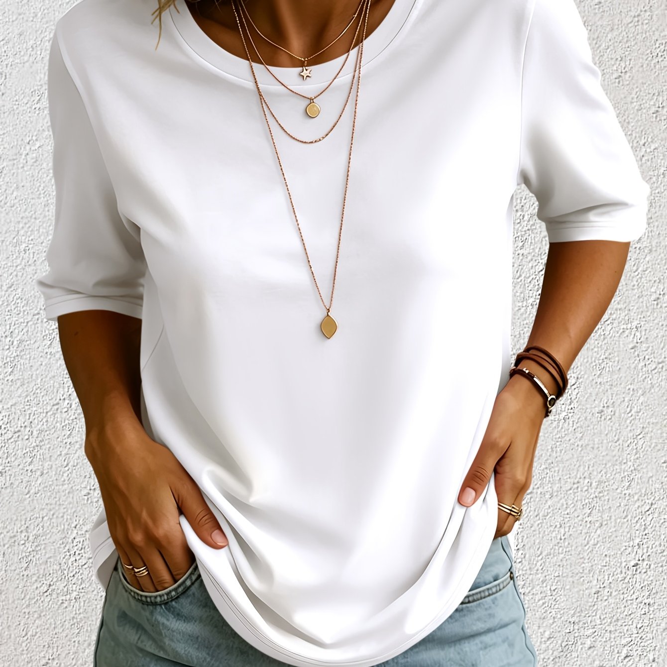TEMU New Autumn/winter Casual Fashion Solid Color Five-part Sleeve Mid-length Sleeve Versatile Base Layer T-shirt Top