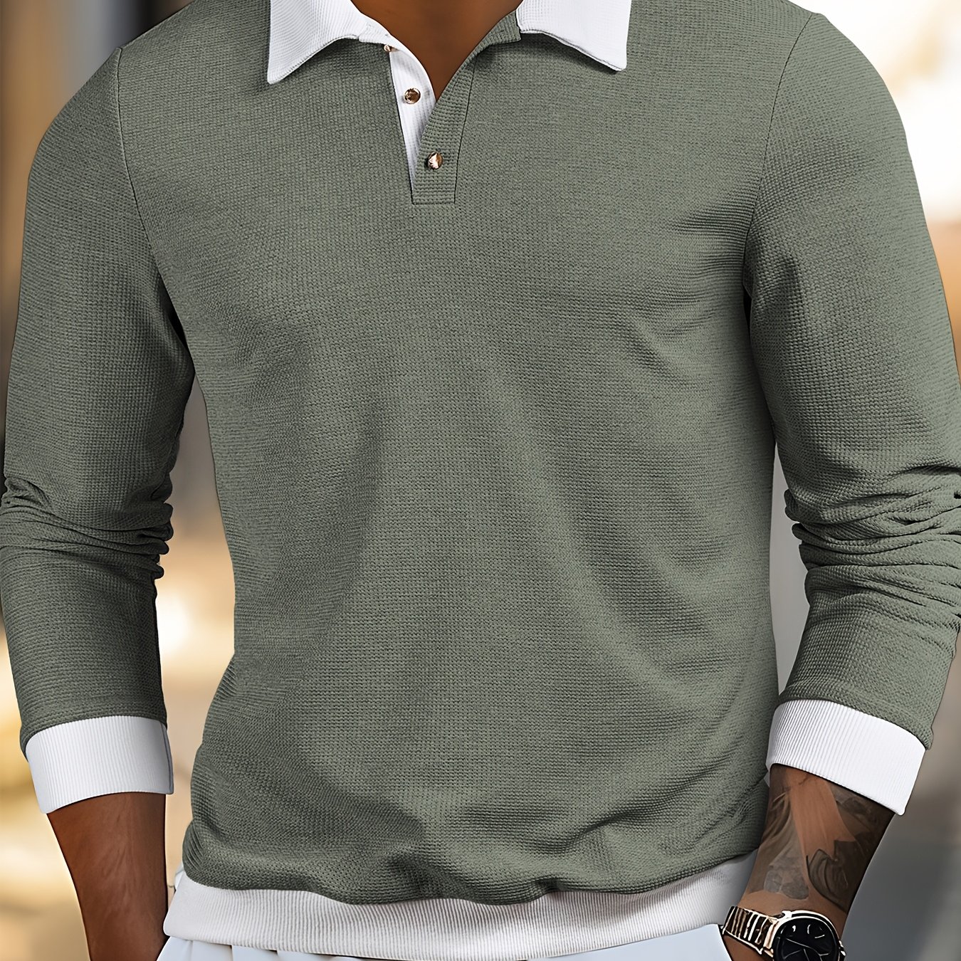 Image of Men's Textured T-shirt Pullover With Contrast Color Waffle Knit Splicing, Ribbed Cuffs And Hem, And Metal Accent, Long Sleeve Outdoor Casual Shirt