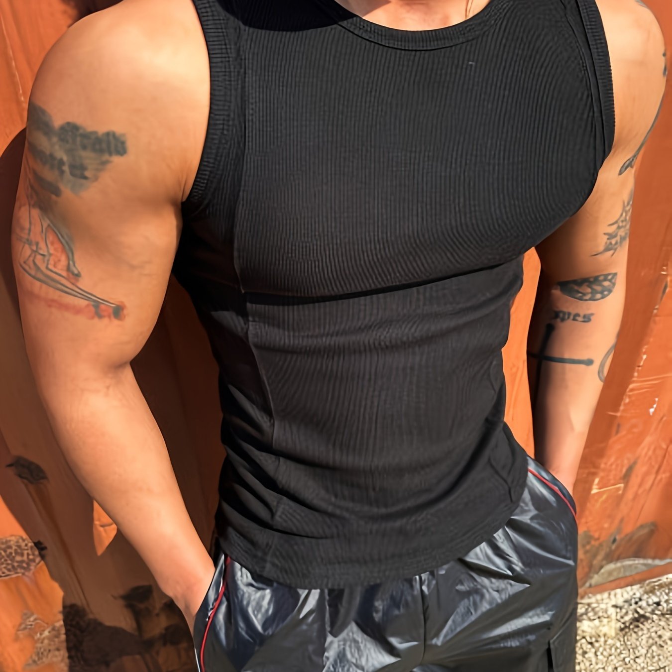 E-shop Herren Slim-Fit Geripptes Tanktop - Dehnbares Atmungsaktives Ärmelloses Shirt für Fitness & Freizeit, Einfarbig mit Rundhalsausschnitt