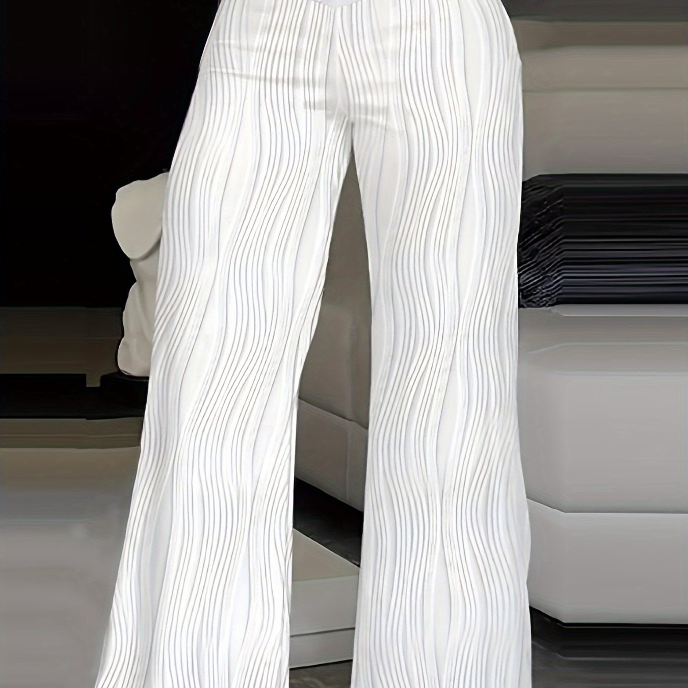 Image of Women's Pants 2025 Summer Fashion Waist Sheer Mesh Patch Casual Plain High Waist Wide Leg Long Flared Pants Streetwear