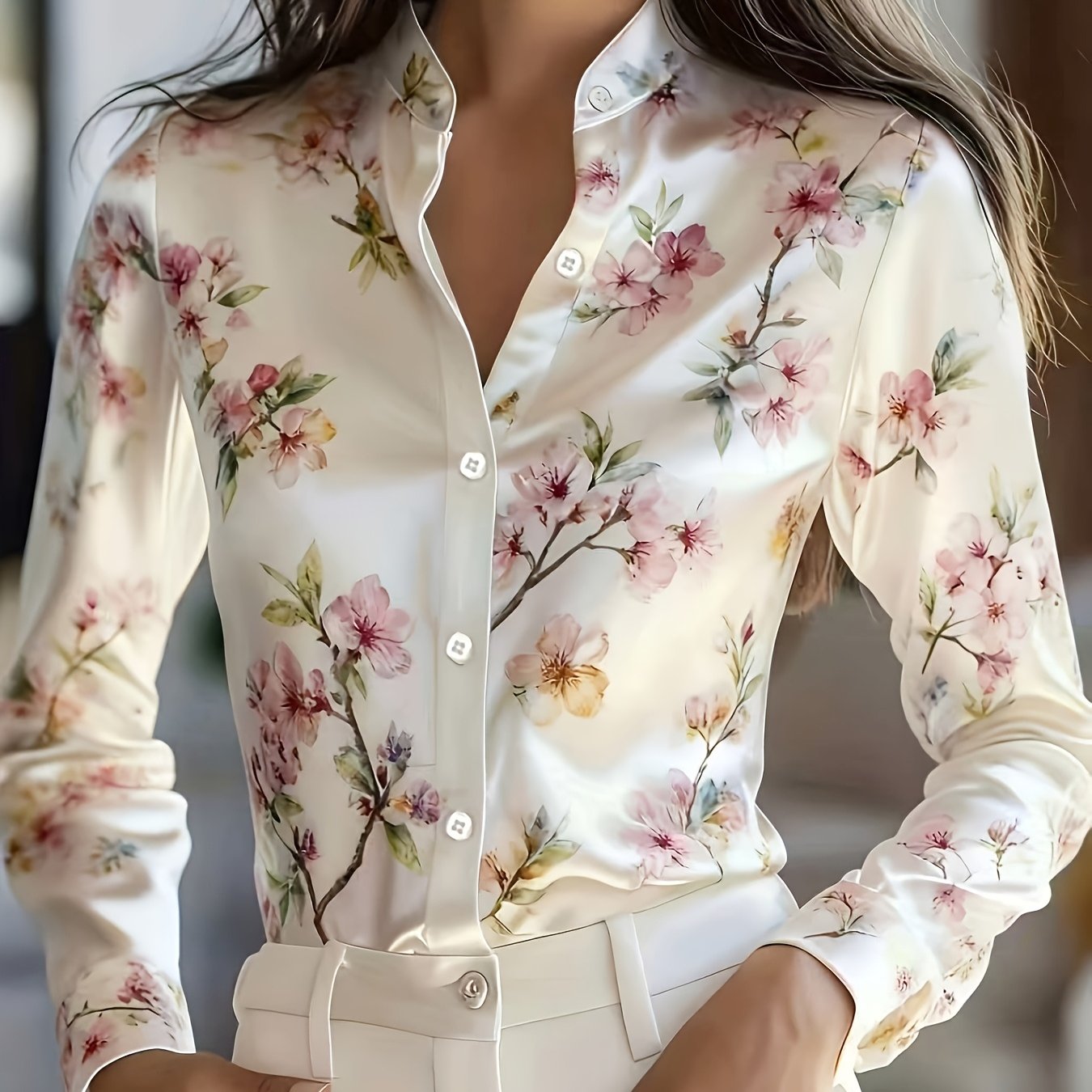 TEMU Women's Blouse And Shirt, Elegant Floral Print Blouse Button-up Long Sleeve Fashion Shirt