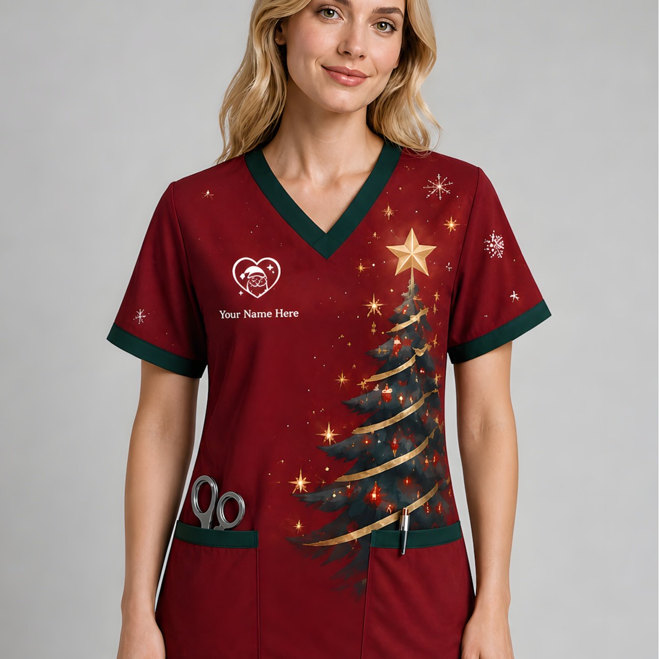TEMU Christmas-themed Red Background Christmas Tree Print Nurse Top, Custom-name Christmas Nurse Uniform, V-neck Dark Green Contrast-color