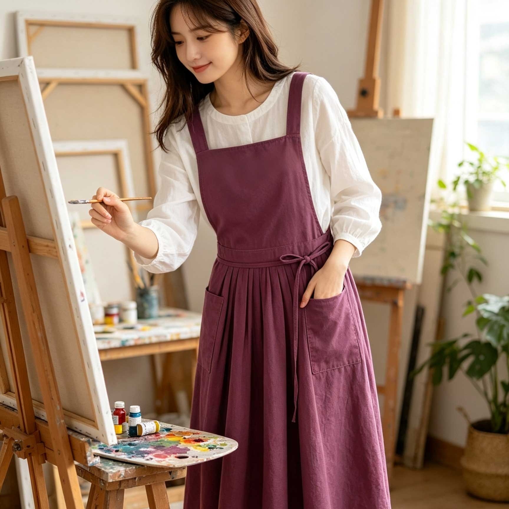 TEMU Tablier élégant vintage de style Ins japonais et coréen, couleur de base minimaliste, élégant et haut de gamme, tablier-chemise de peintre,