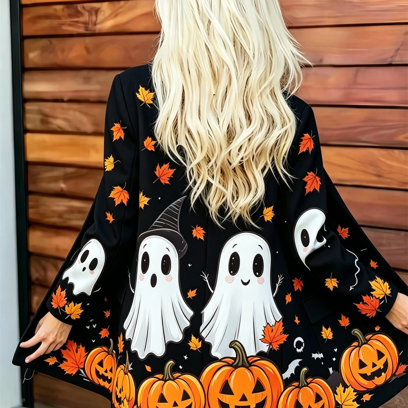 Image of Plus Size - For Halloween Women Front Blazer Outerwear Coat, Lapel Collar Long Sleeve Loose Straight Mid Length Jacket, Cute Cartoon Witch Hat Jack O Lantern Maple Leaf Bat Fall For Halloween Print