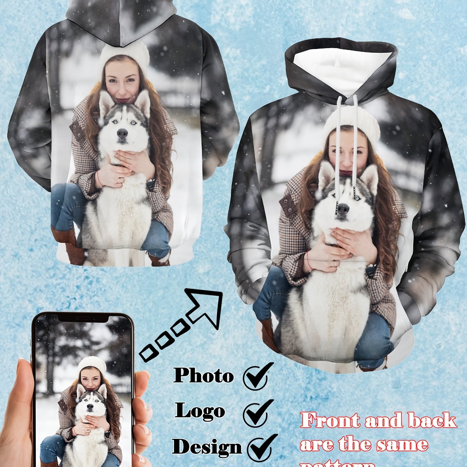 TEMU Personalized Custom Men's Hoodie, Photo Print Diy Couple Outfits Pet Photo Customization Anniversary Gift Creative Birthday Present Unique