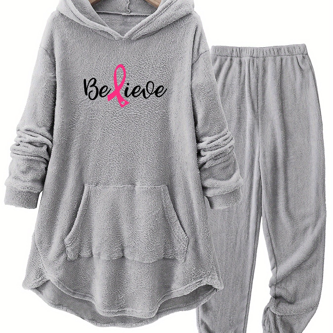 TEMU European And Size Women's Pink Moon Letter Print Autumn Winter Home Casual Thick Fleece Set