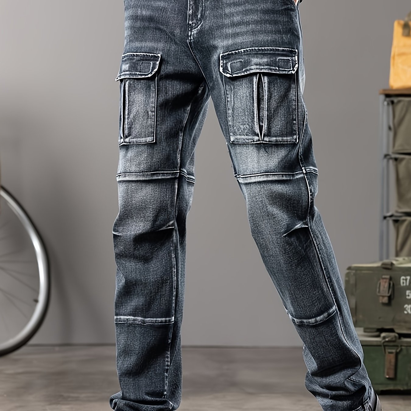 Image of Men's Fashionable Multi-pocket Workwear Jeans, Loose Straight-cut Style For , , Multi-, Loose Cut, Suitable For Straight-cut Pants In