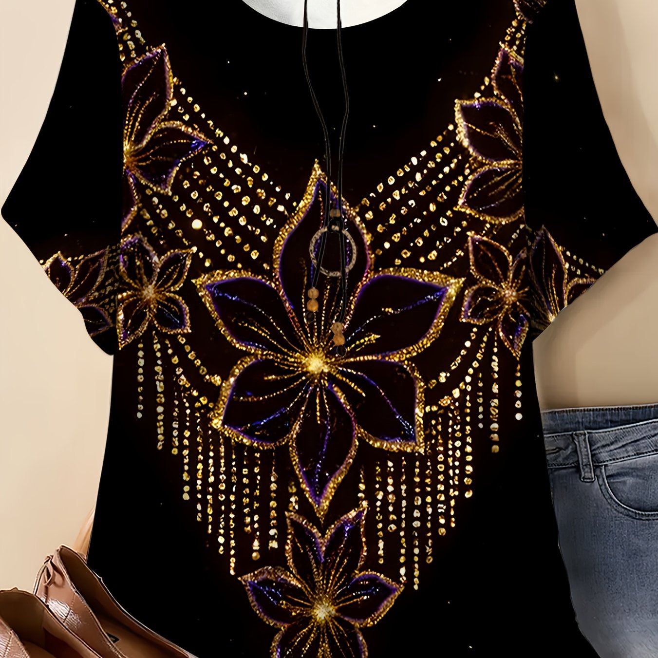 TEMU Women's Plus Size Round Neck T-shirt, Black With Golden And Purple Floral Print,   Golden And Shimmering Purple Floral Print, Loose Fit With An