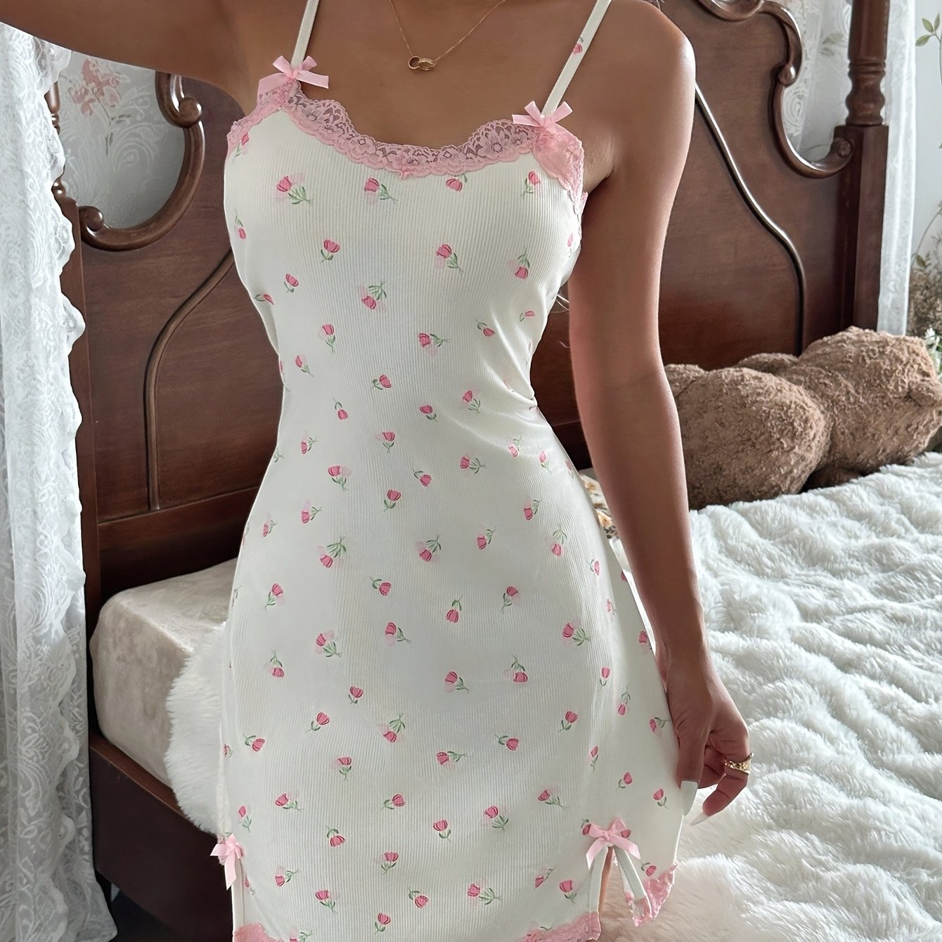 Image of Women's Floral Lace Trim Nightgown - Spaghetti Strap Bow Accent Slit Dress, Sweet Home Loungewear, Romantic Comfortable Sleepwear, Soft And Smooth , Valentine's Day Gift