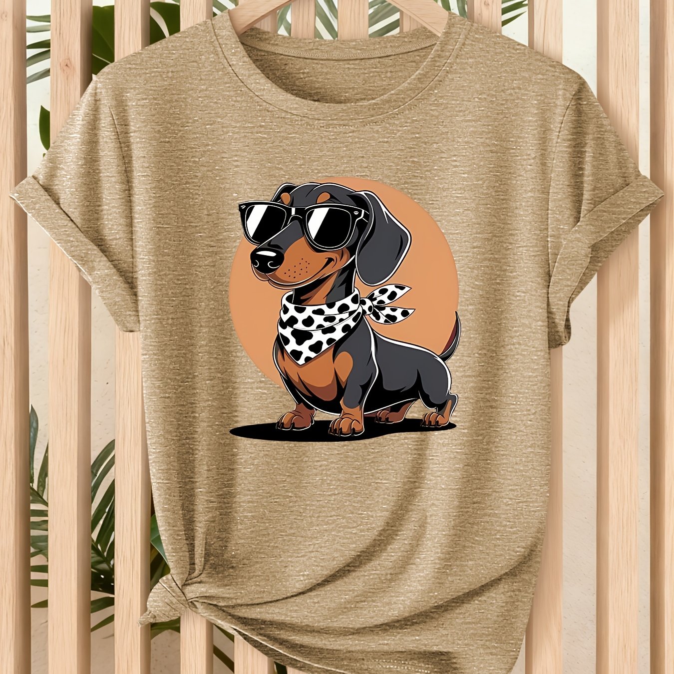 TEMU Cool And Stylish Dachshund Print Women's T-shirt With Fashion Glasses And Bandana, 2026 Spring/summer Trendy Cool Pet-themed Short Sleeve Top,