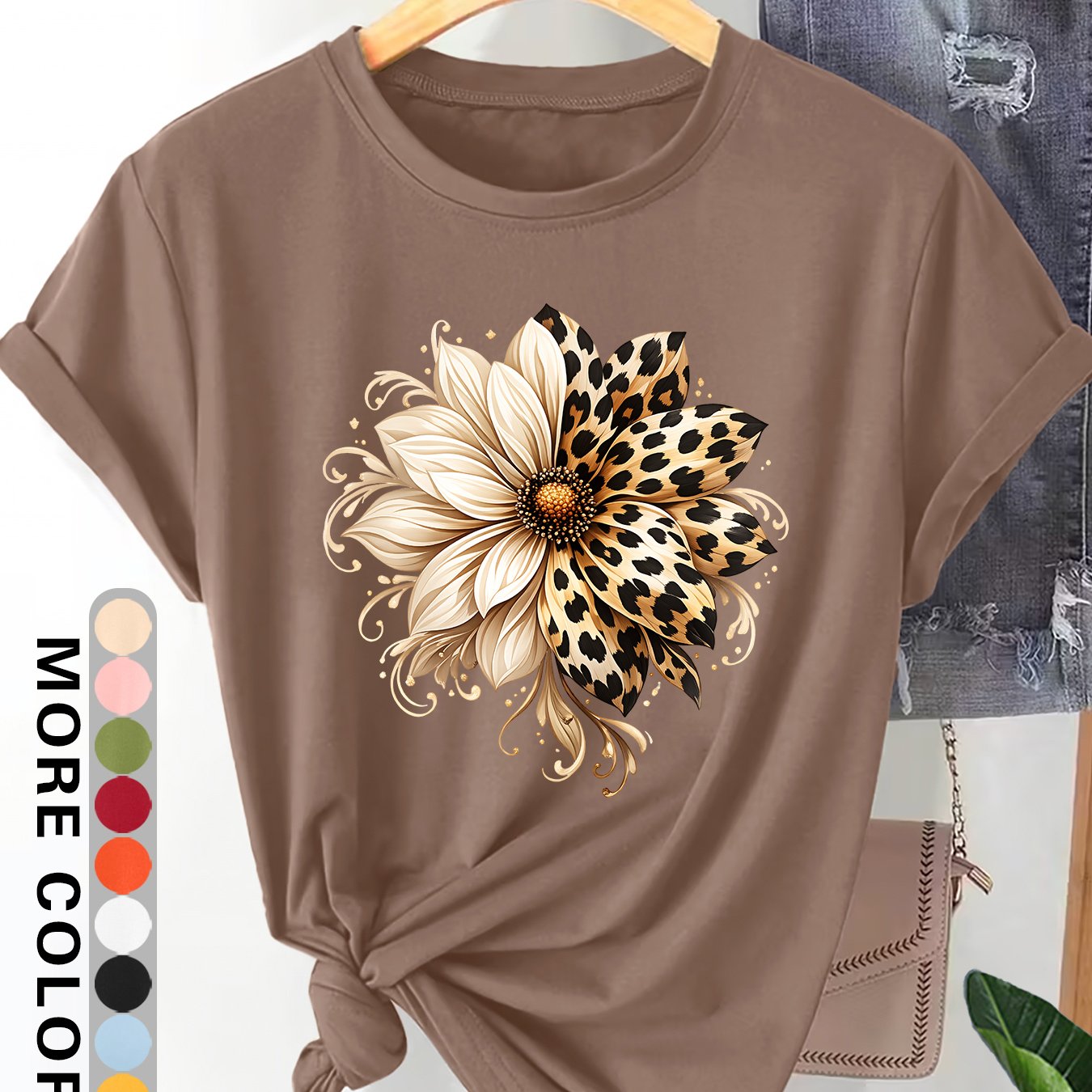 TEMU Women's Plus Size Leopard Print Gradient T-shirt - Loose Fit Short Sleeve Round Neck Blouse-compatible Top | Soft Breathable Suitable For