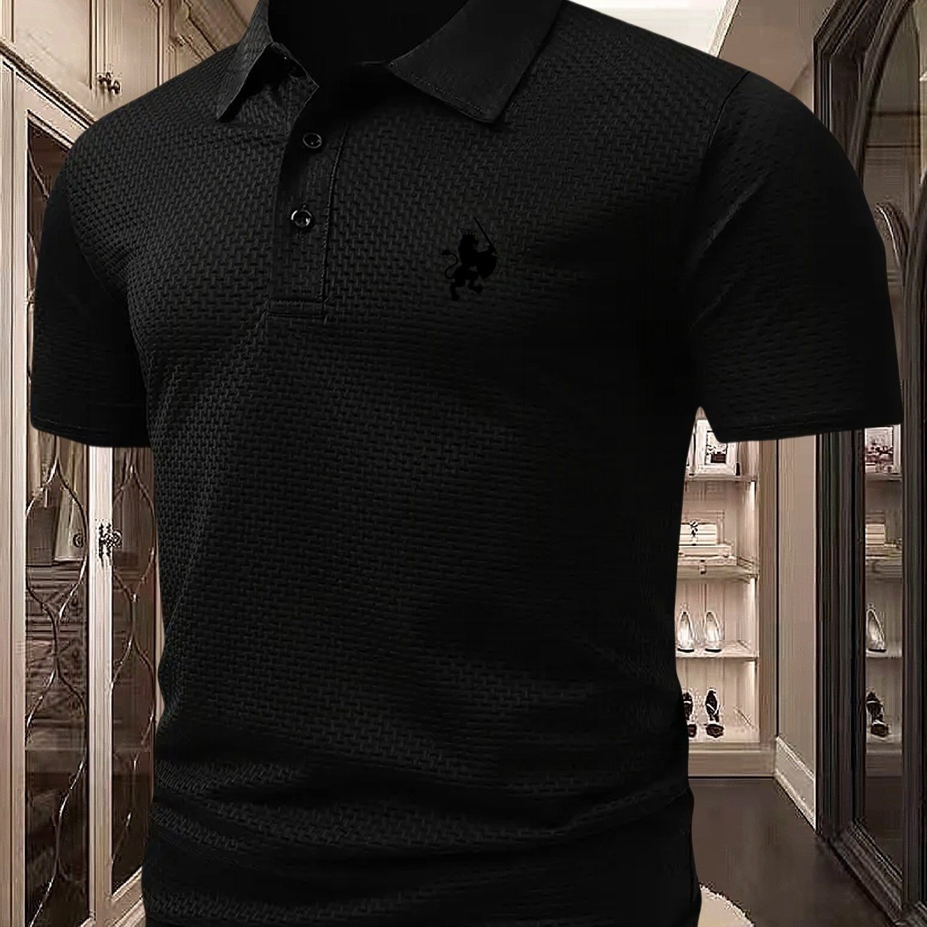 TEMU Fs1166 Style Lion Knight Print Men's J-texture Jacquard Shirt, Casual Short Sleeve Collar, Summer Fashion Casual Breathable Embossed Top, Gift