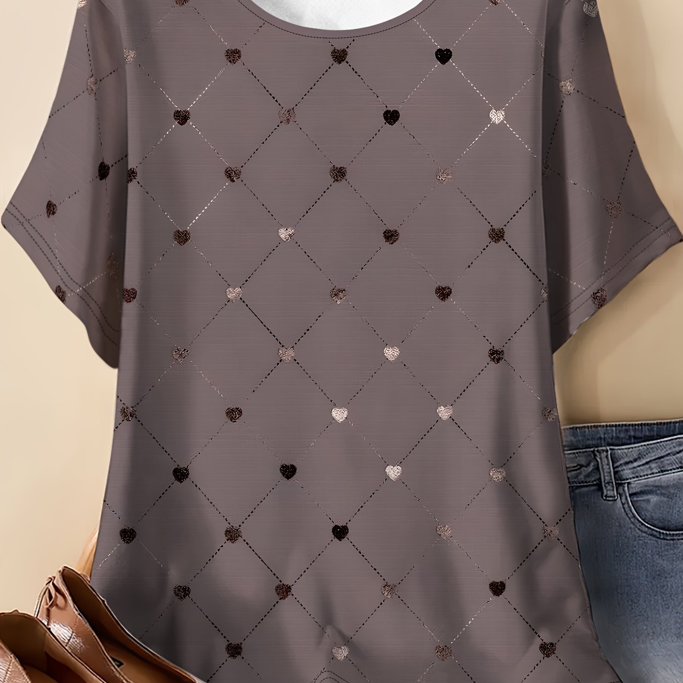 TEMU Brown-gray Rhombus Heart Polka Dot Print Short Sleeve Loose Size Crew Neck T-shirt, Casual Versatile Elegant Women's Top