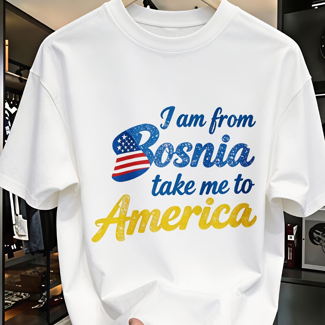 Image of Baggy Cotton Men Top I Am From Bosnia To America Regular Heat Transfer Print Long Wear Themed Cultural Outfits