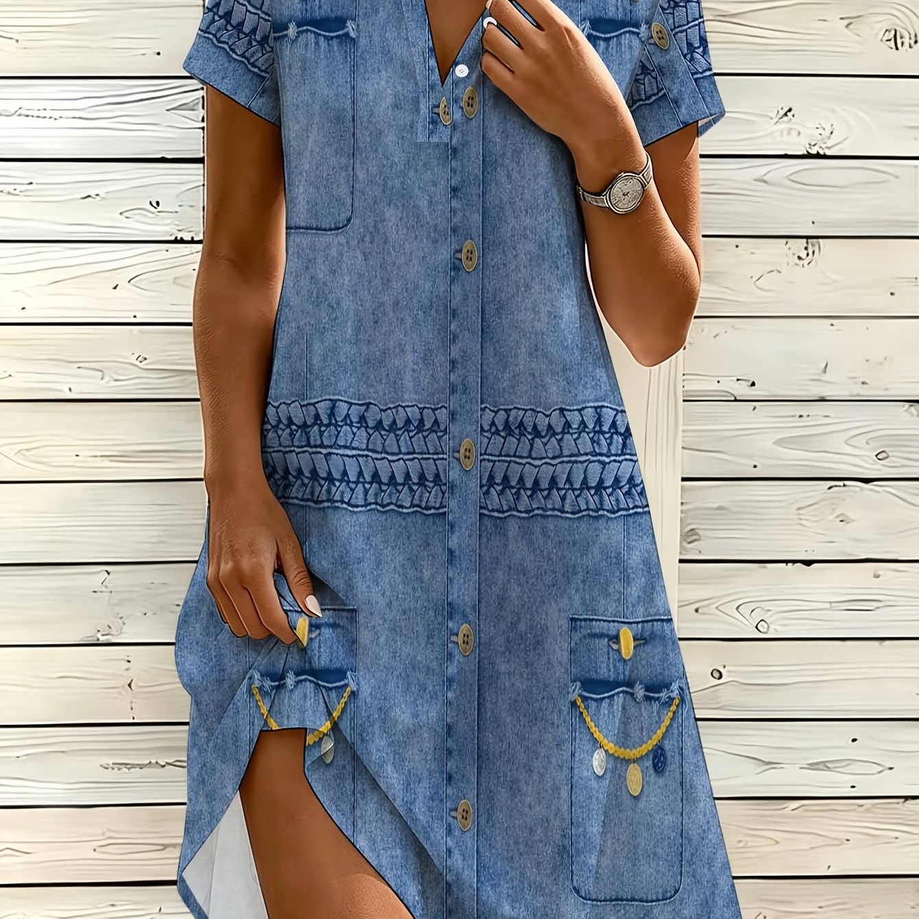 [printed Dress - Not Denim Fabric]women's Fashion Shirt Dress, V-neck Button Dress, Button Print